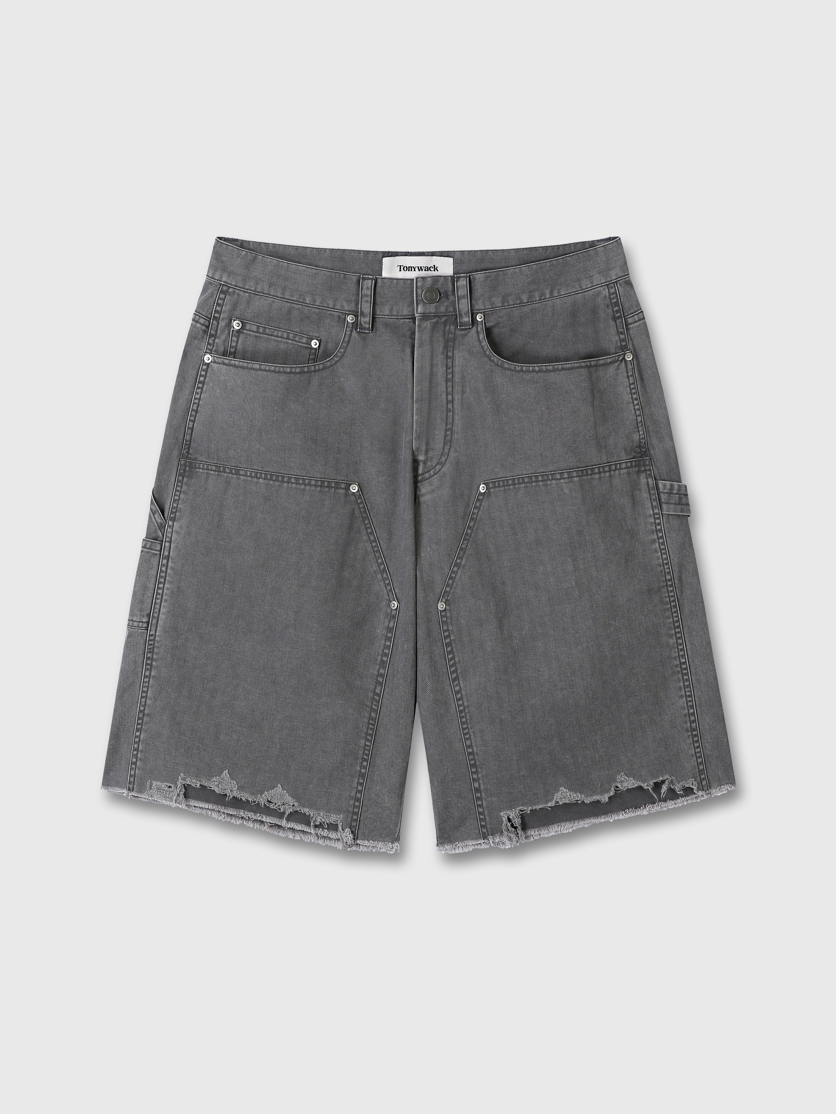 HAND DISTRESSED HBT DOUBLE KNEE SHORTS_ FADED CARBON