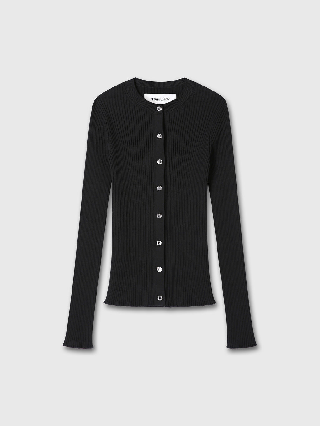 (W) SILK COTTON RIBBED BUTTON CARDIGAN_ BLACK
