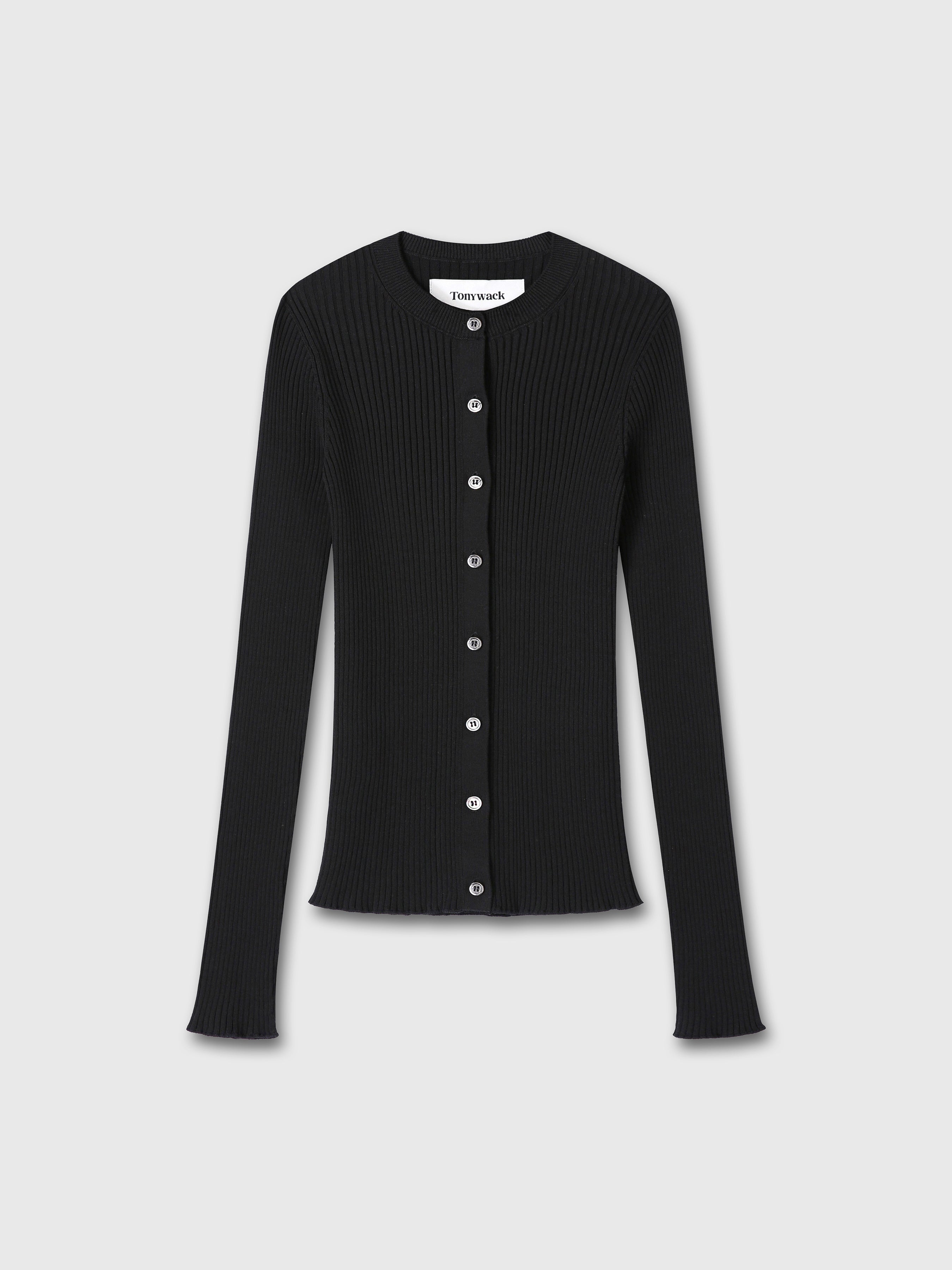(W) SILK COTTON RIBBED BUTTON CARDIGAN_ BLACK