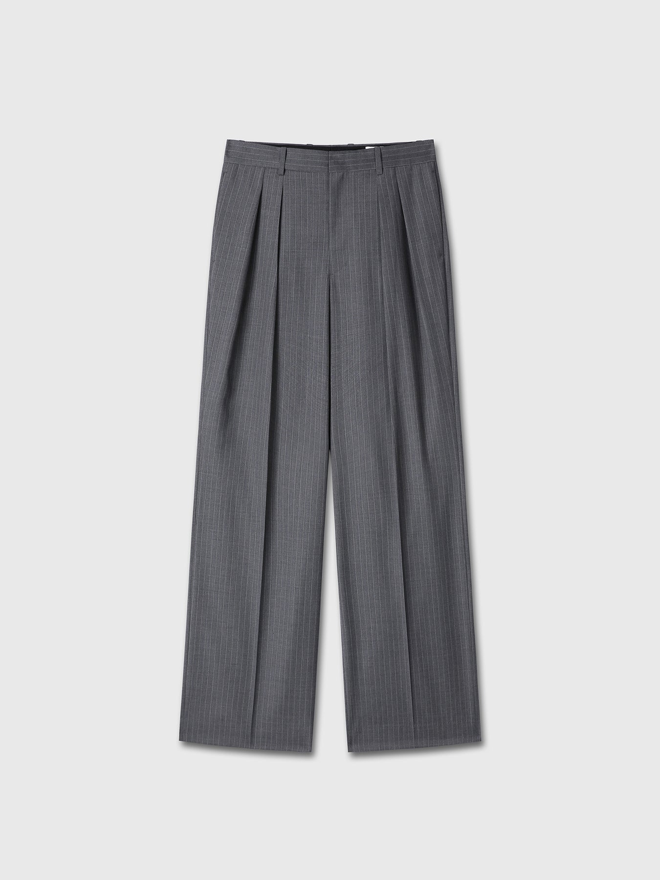 (W) STRIPED WOOL DOUBLE-PLEATED WIDE TROUSERS_ GREY STRIPE