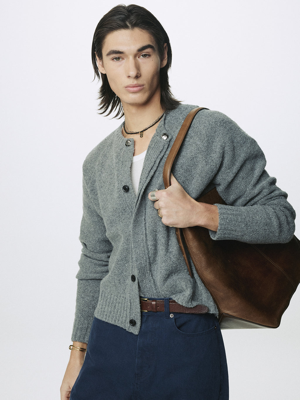 PLACKET BUTTON DOWN KNIT CARDIGAN_ MELANGE GREY
