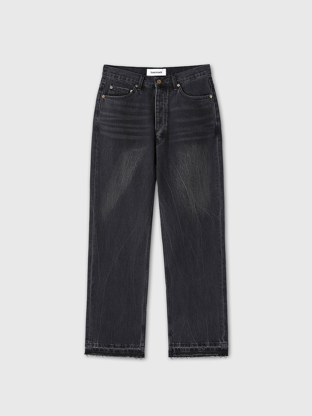 FRAYED HEM LOOSE STRAIGHT DENIM JEANS_ WASHED BLACK