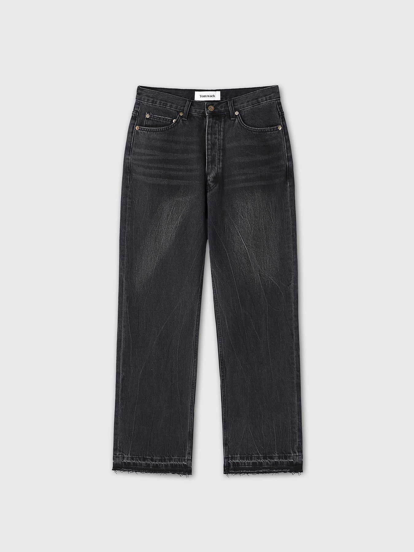 FRAYED HEM LOOSE STRAIGHT DENIM JEANS_ WASHED BLACK