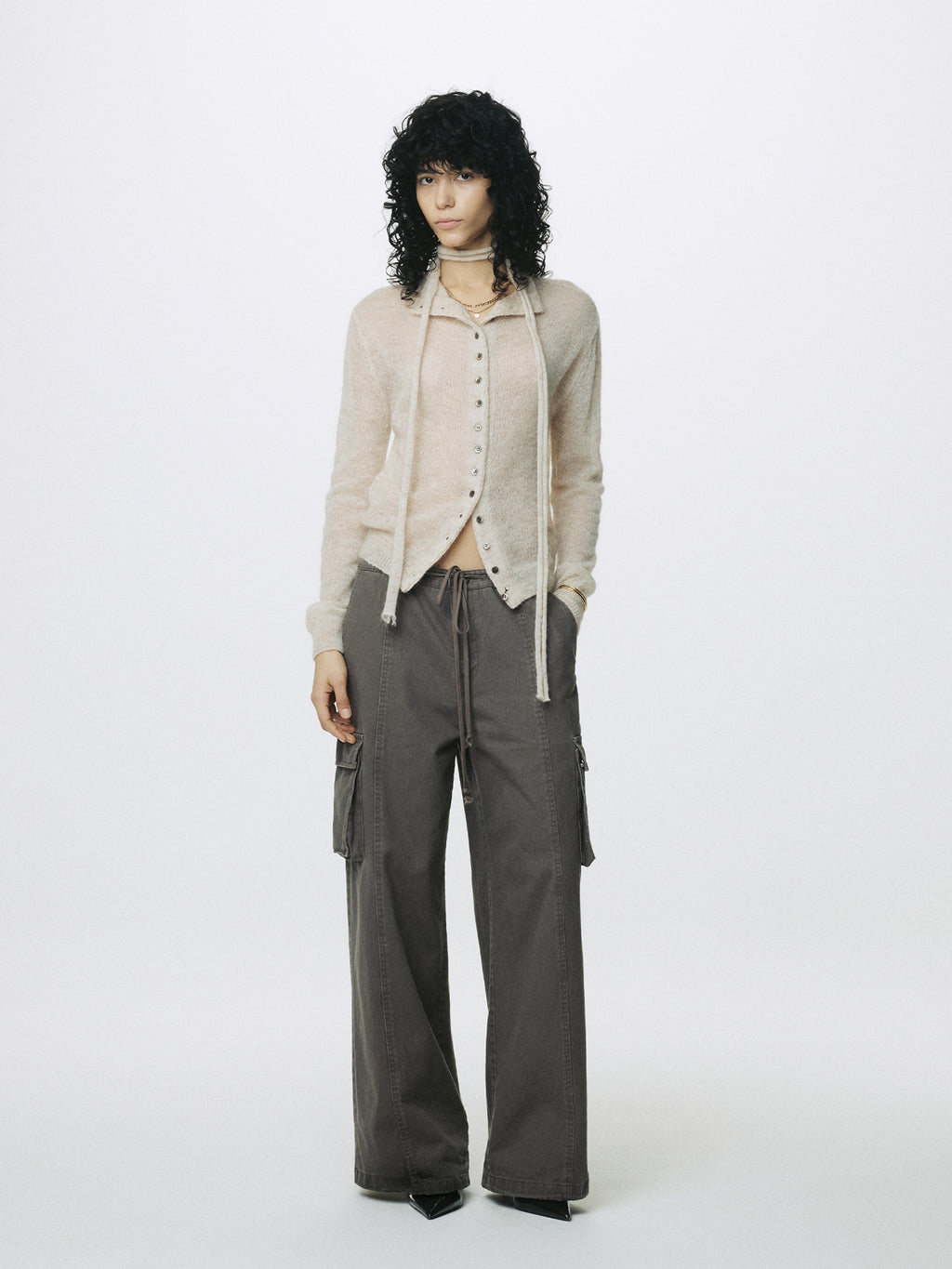 (W) COTTON DRAWSTRING CARGO TROUSERS_ PALE BROWN
