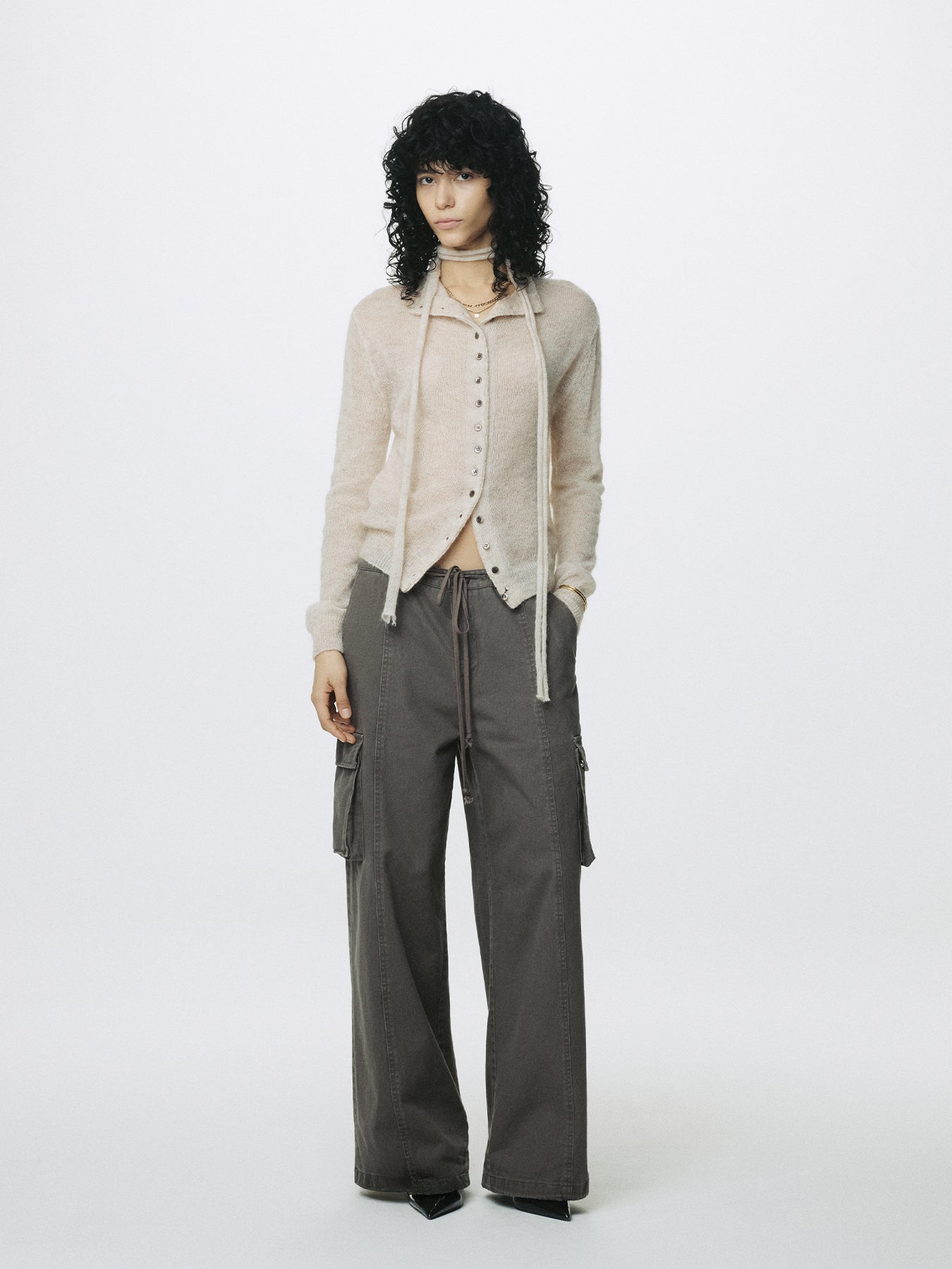 (W) COTTON DRAWSTRING CARGO TROUSERS_ PALE BROWN