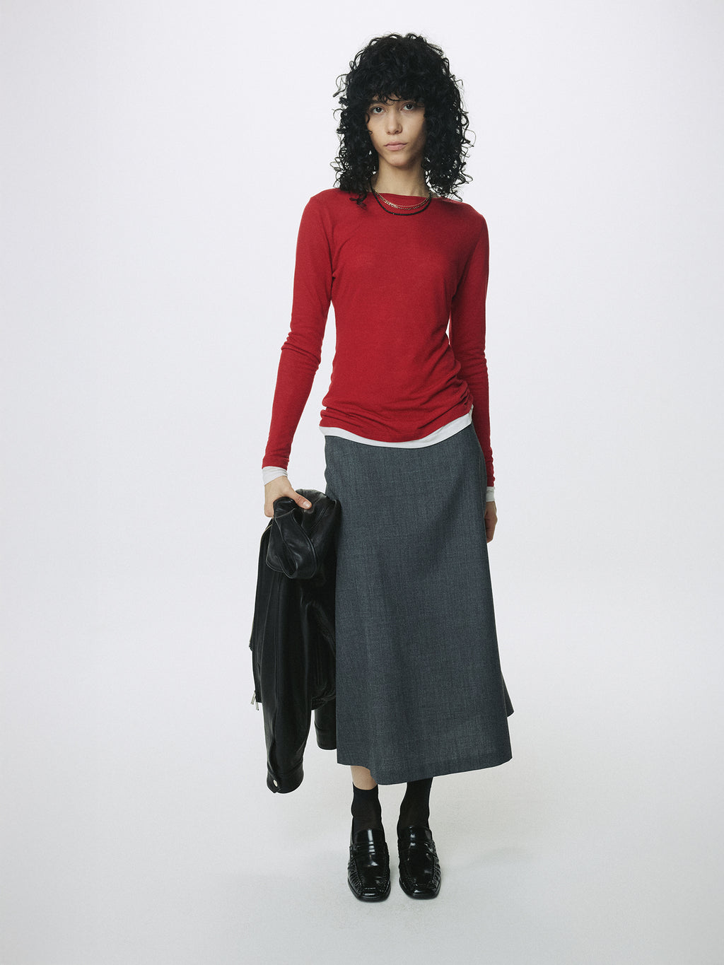 (W) WOOL MIDI SKIRT_ GREY