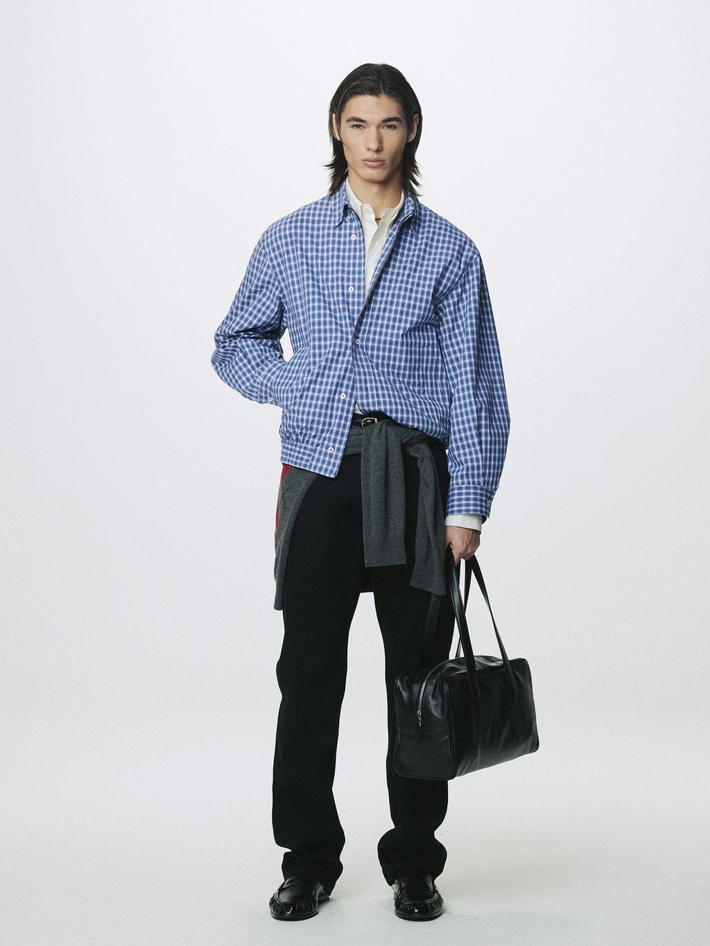 CHECKED COTTON BUTTON-DOWN BLOUSON_ BLUE