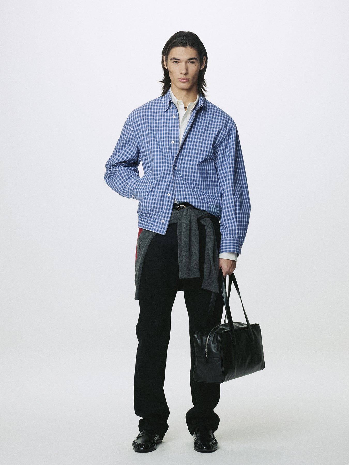 CHECKED COTTON BUTTON-DOWN BLOUSON_ BLUE