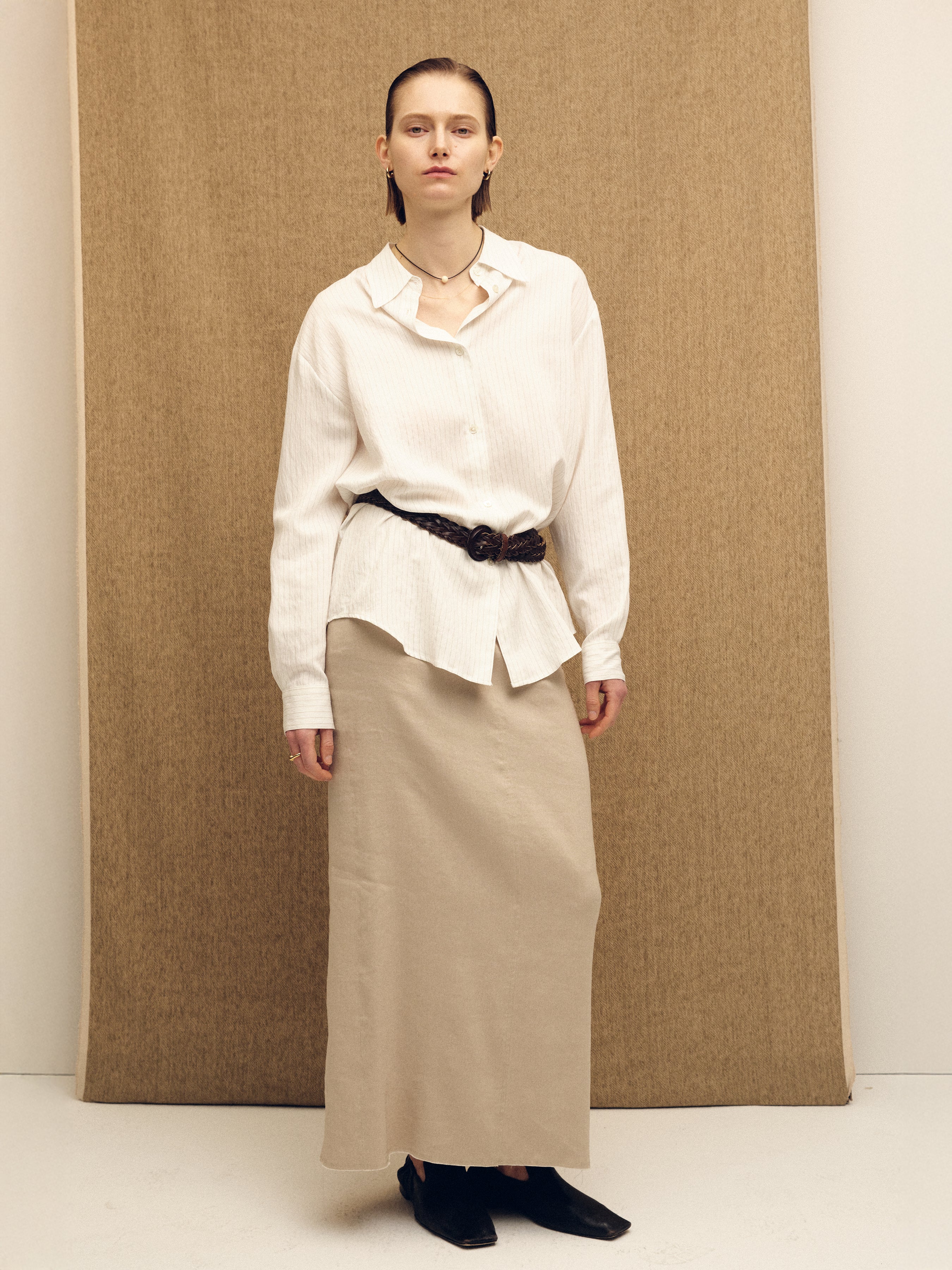 (W) AIRY STRIPED OVER SHIRT_ IVORY