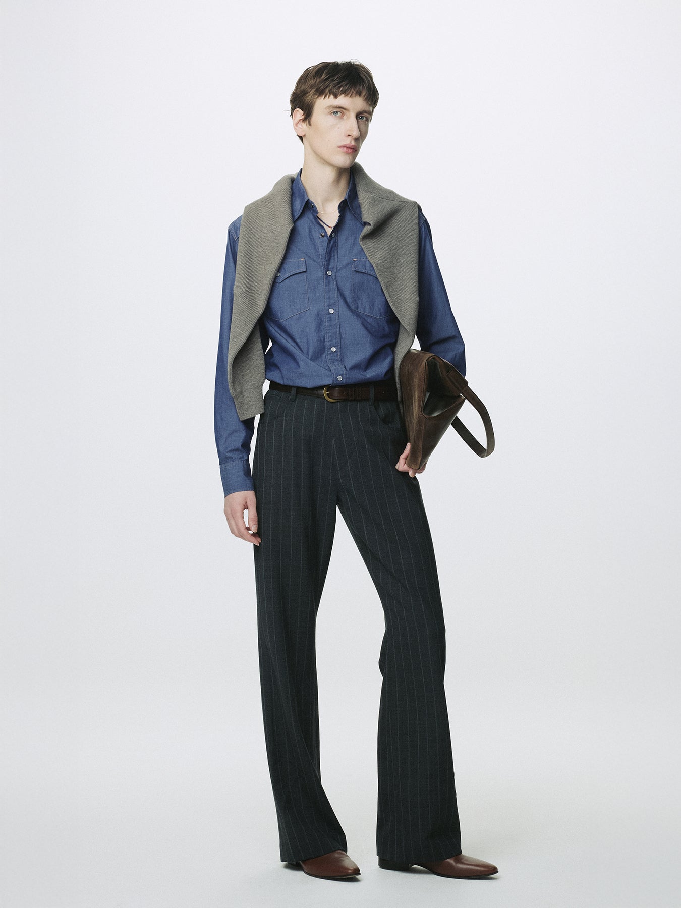 WASHED CHAMBRAY WESTERN SHIRT (ITALIAN FABRIC)_ MEDIUM INDIGO