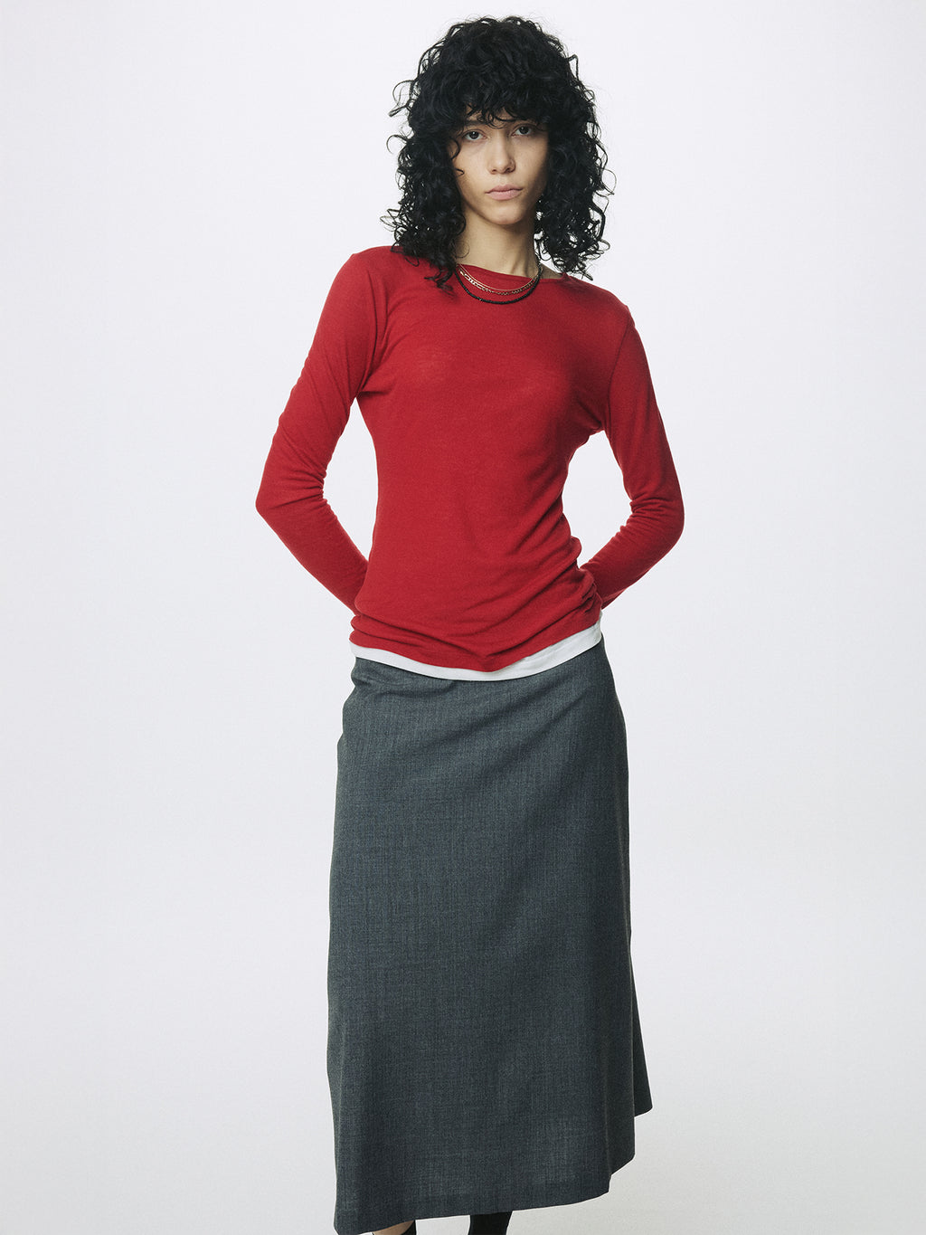 (W) WOOL MIDI SKIRT_ GREY