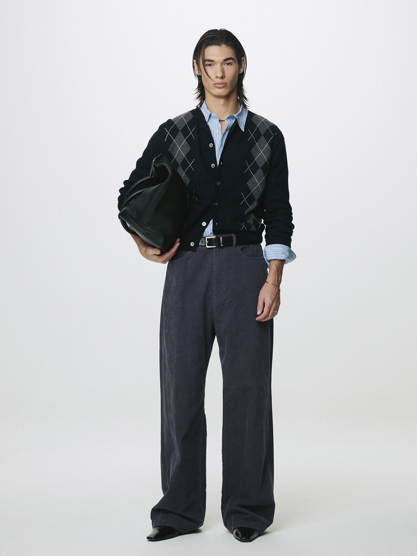 MERINO WOOL ARGYLE CARDIGAN_ NAVY/GREY