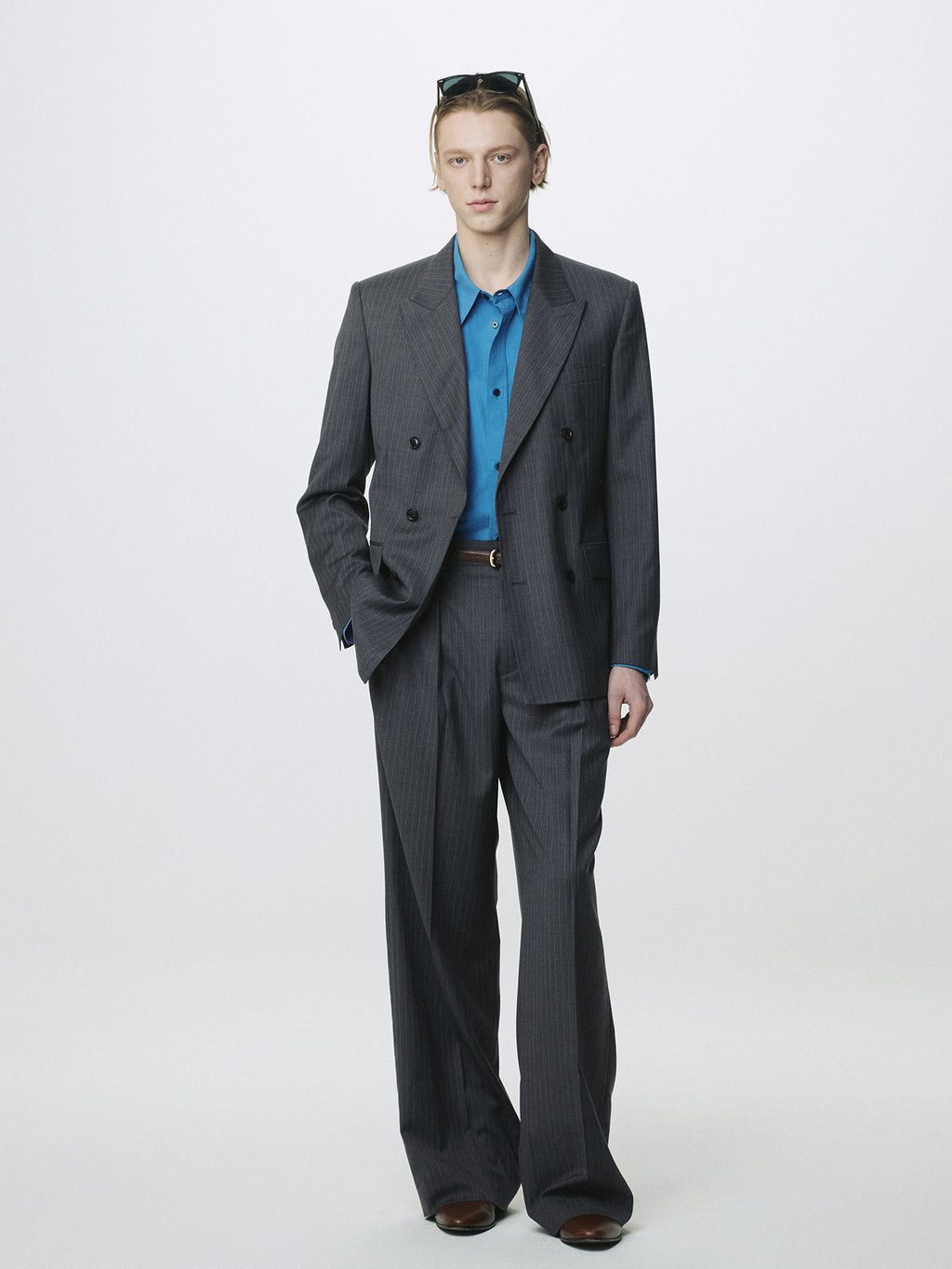 STRIPED WOOL DOUBLE-PLEATED WIDE TROUSERS_ GREY STRIPE