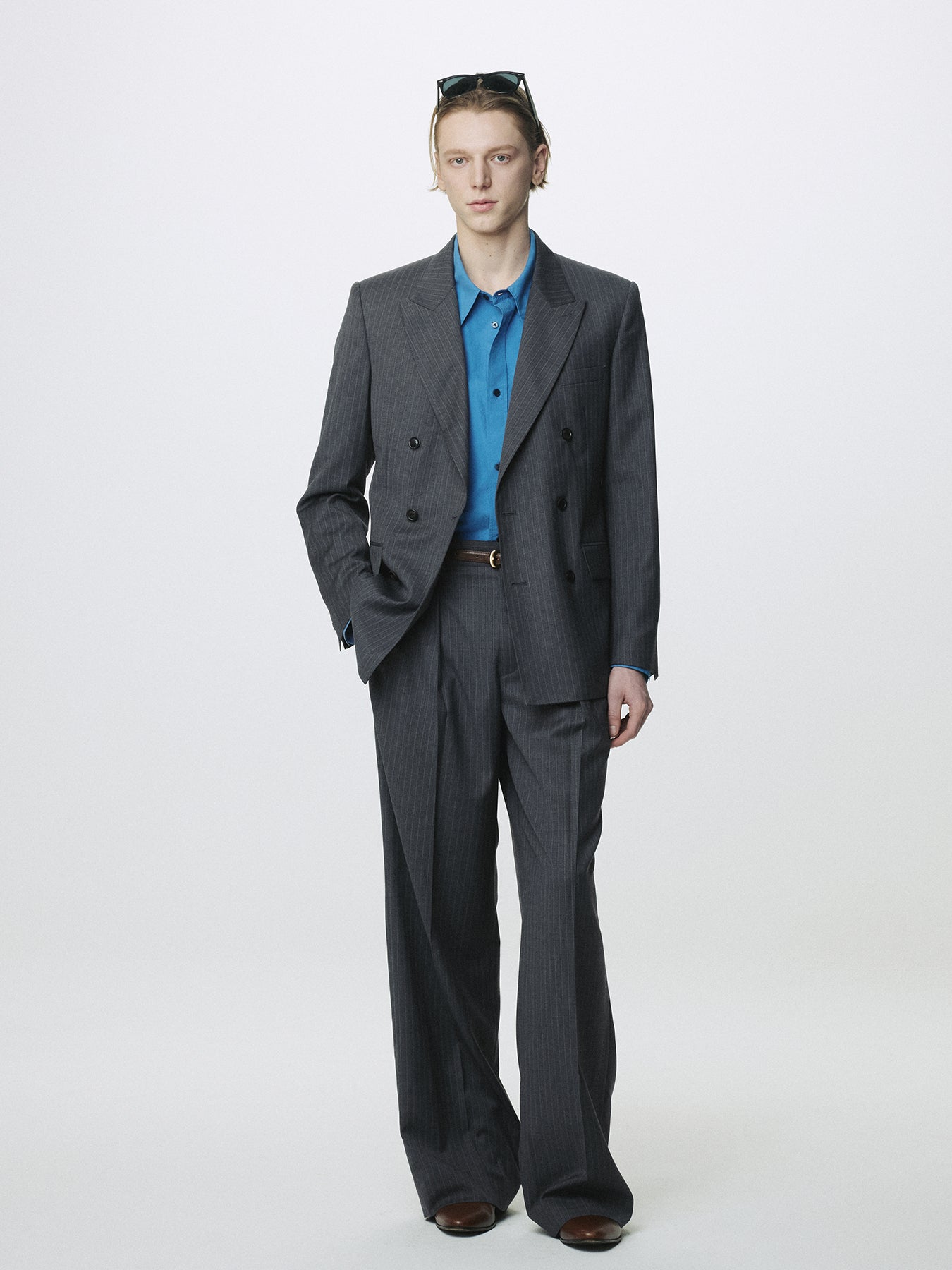 STRIPED WOOL DOUBLE-PLEATED WIDE TROUSERS_ GREY STRIPE