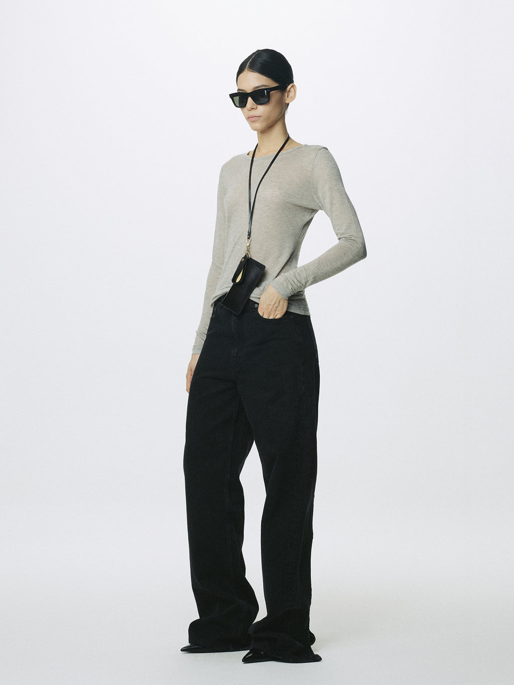 (W) WOOL TENCEL PINTUCK LONG SLEEVE_ BROWN MELANGE