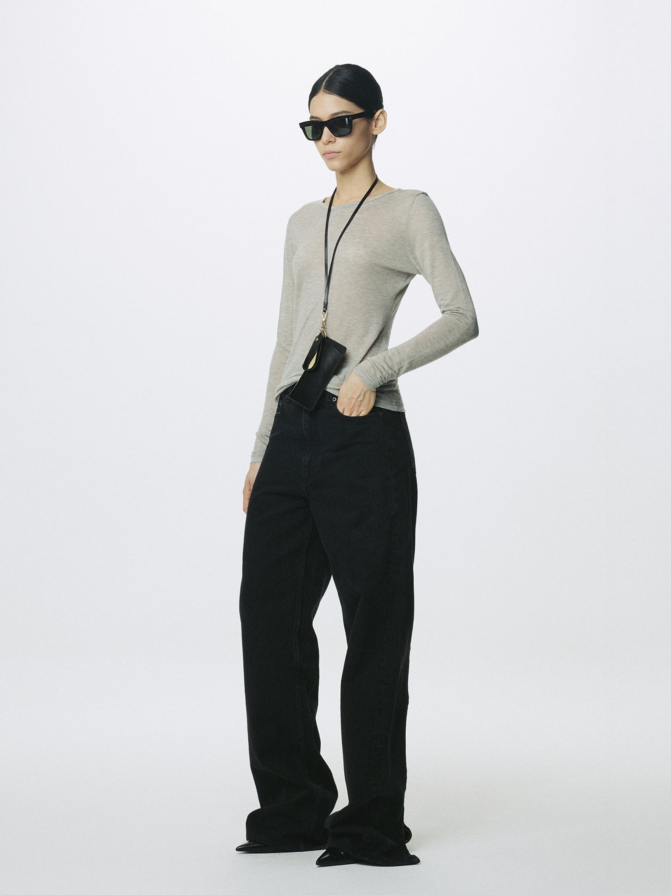 (W) WOOL TENCEL PINTUCK LONG SLEEVE_ BROWN MELANGE