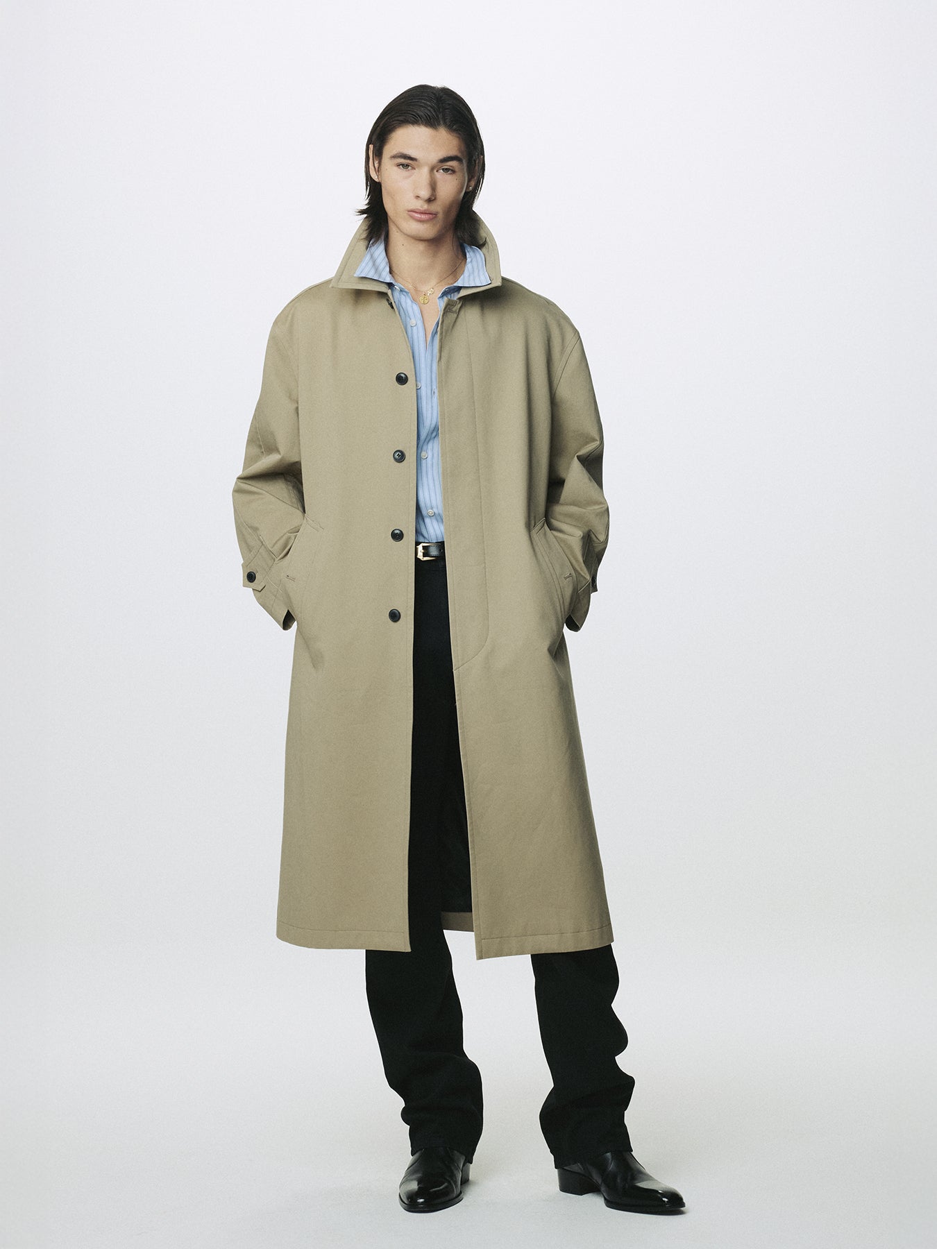 COTTON DRILL SINGLE-BREASTED OVERCOAT_ BEIGE