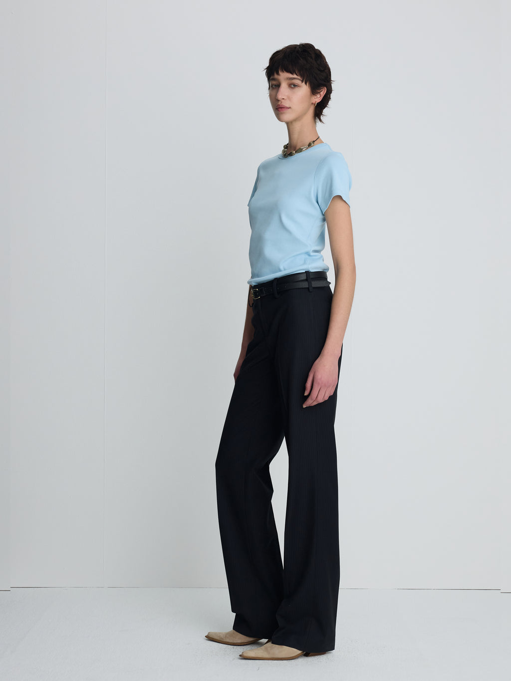 (W) RIBBED HALF SLEEVE T-SHIRTS_ LIGHT BLUE