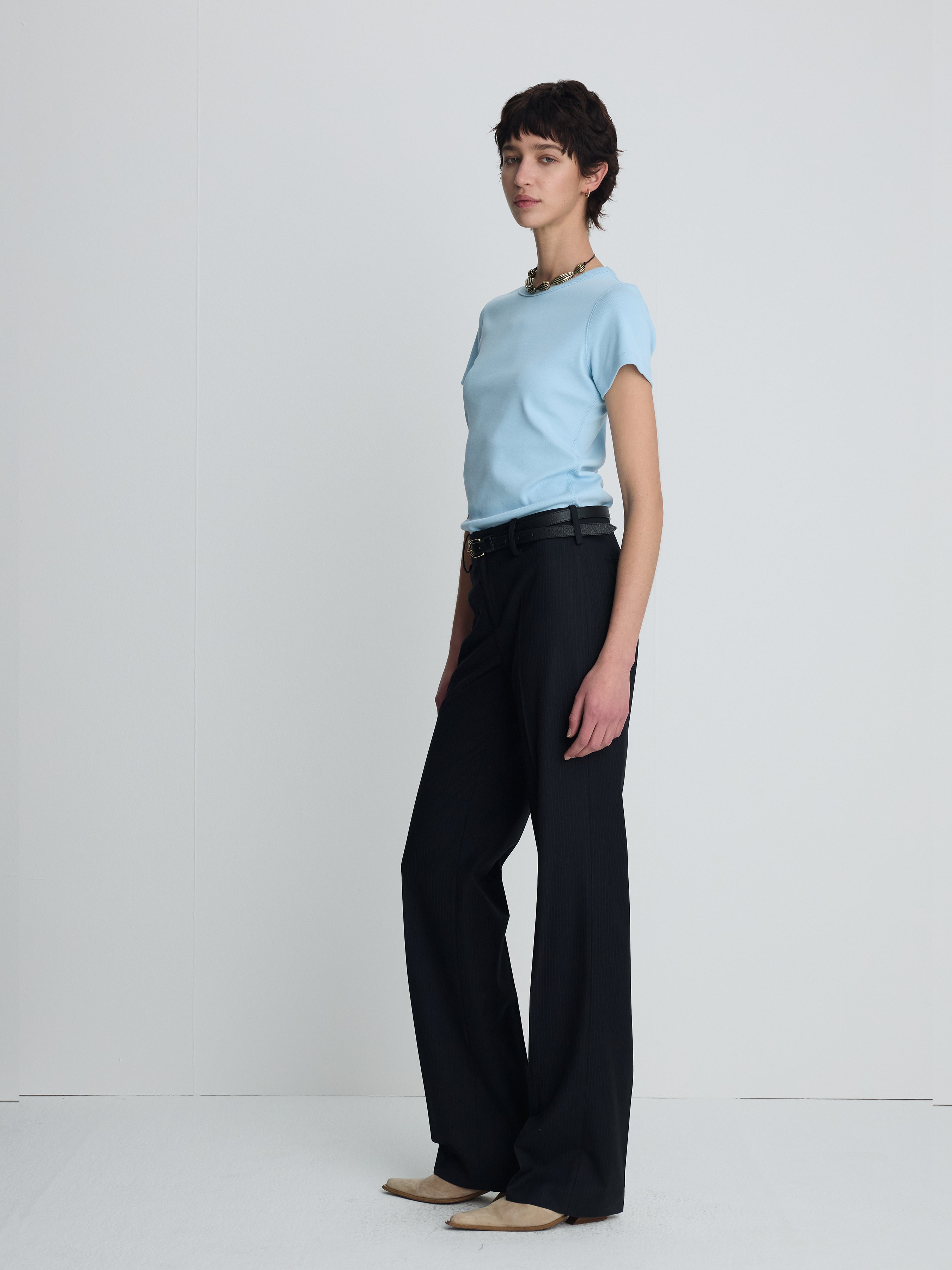 (W) RIBBED HALF SLEEVE T-SHIRTS_ LIGHT BLUE