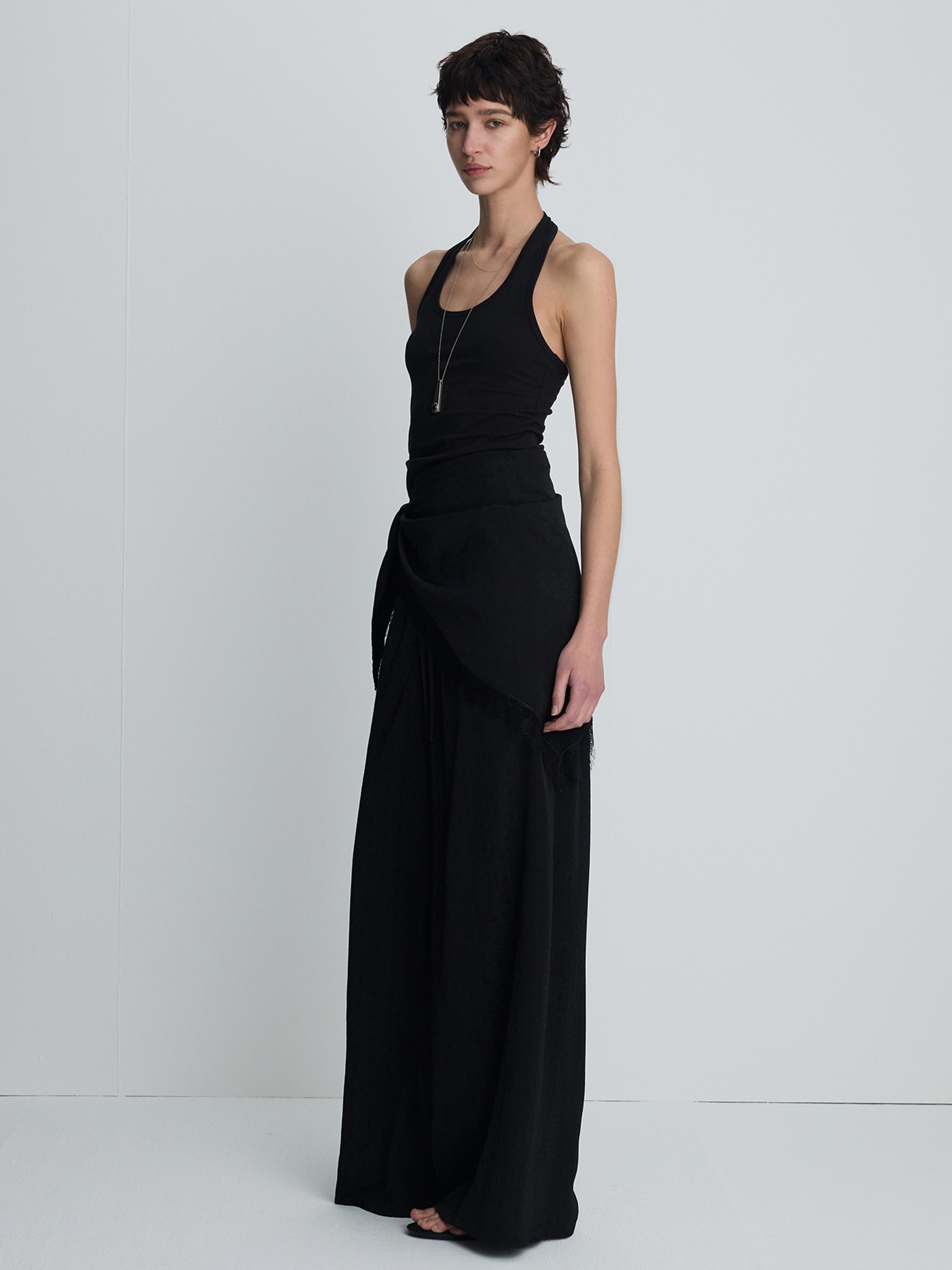 (W) JACQUARD WRAP LOOSE FIT PANTS_ BLACK