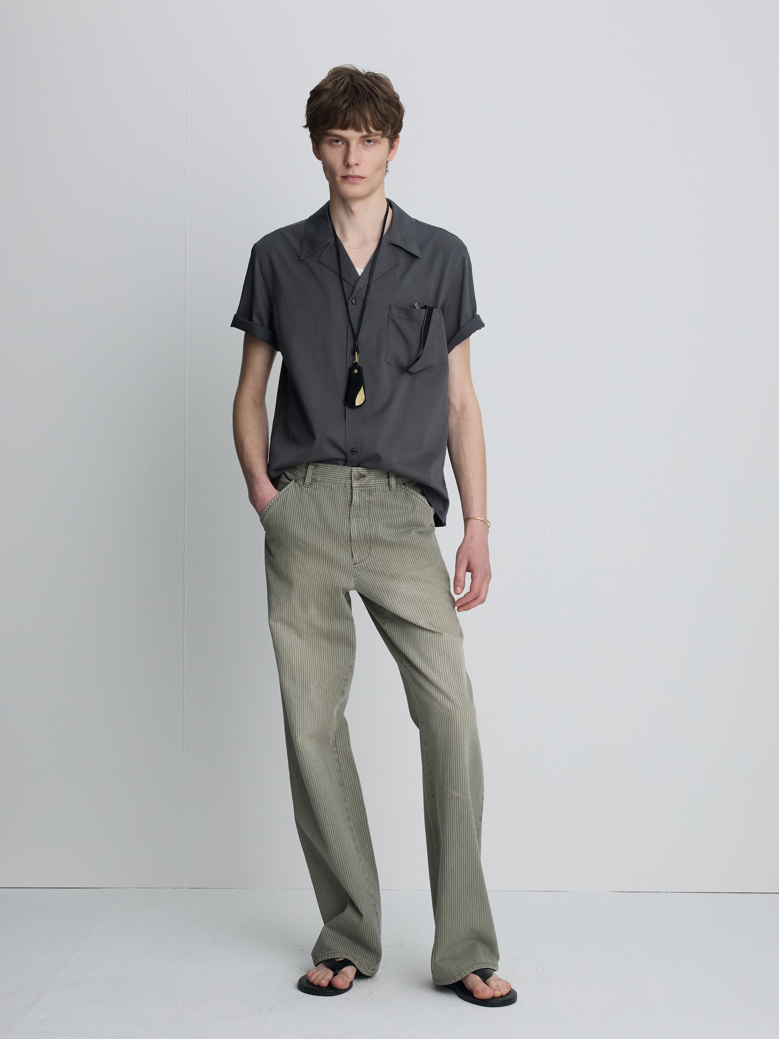 GARMENT DYED STRIPE COTTON FLARE PANTS_ STONE GREY