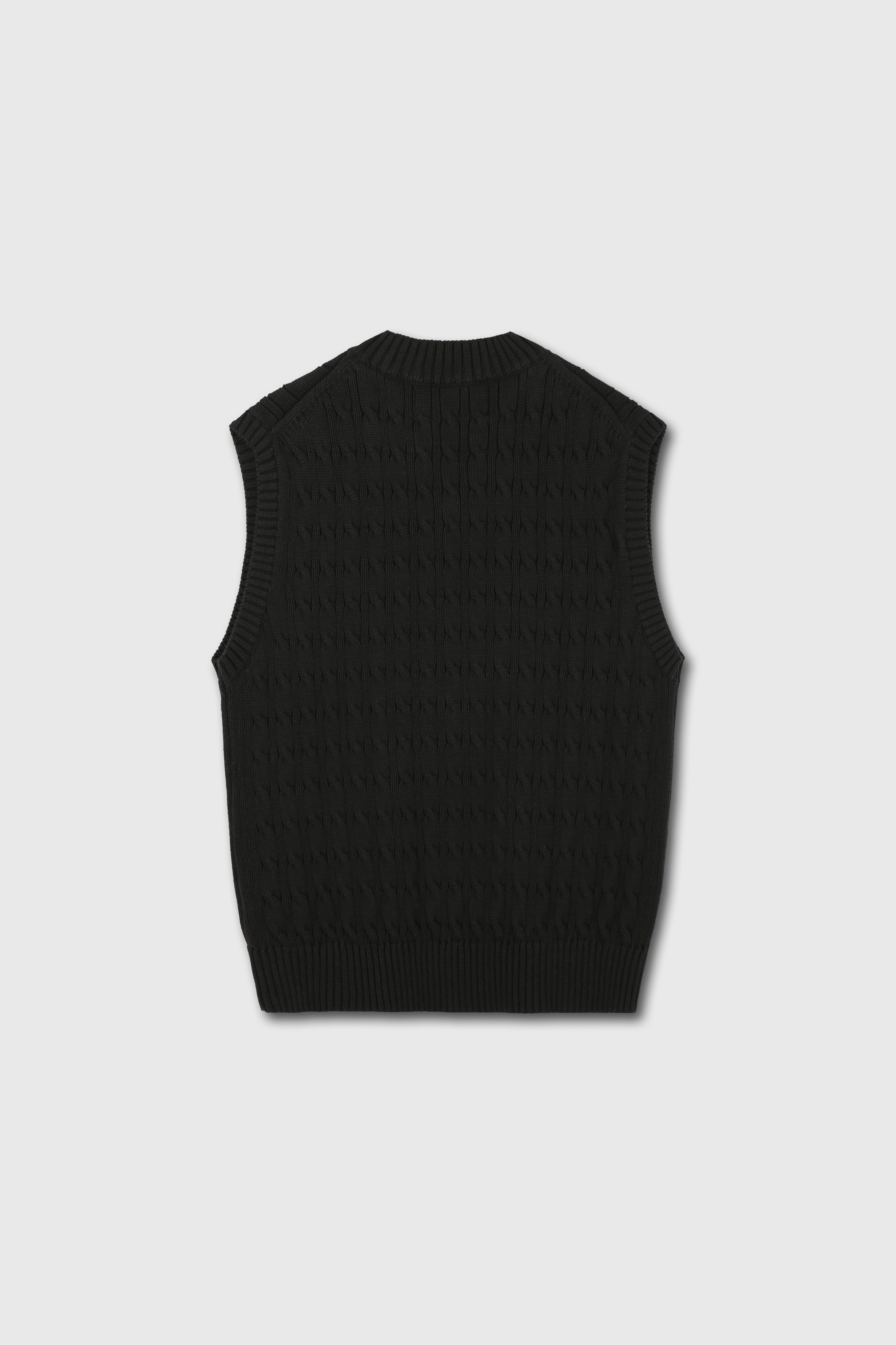 Cotton Twist V-Cable knit Vest_ Black
