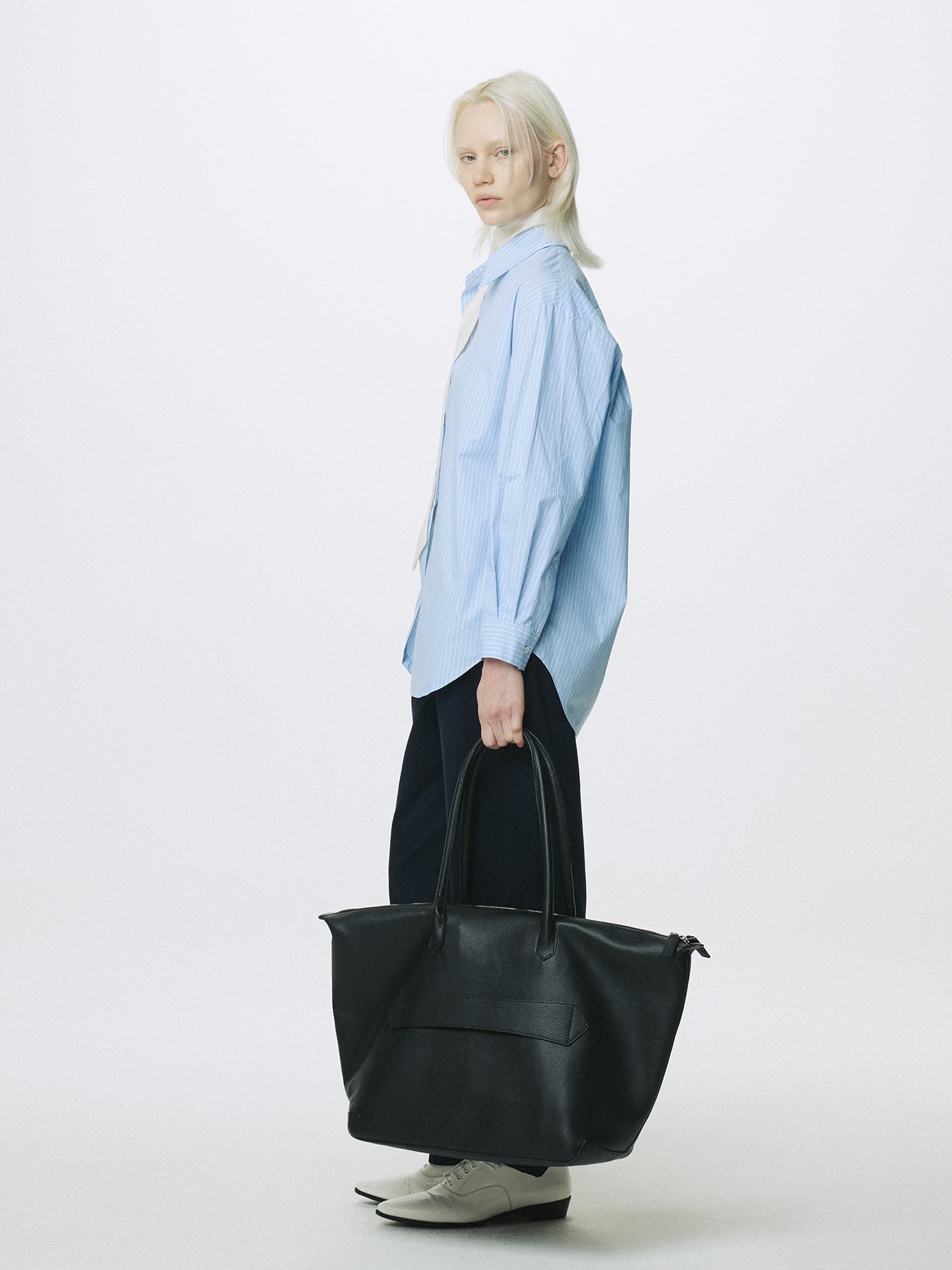 (W) STRIPED COTTON OVER SHIRT_ BLUE