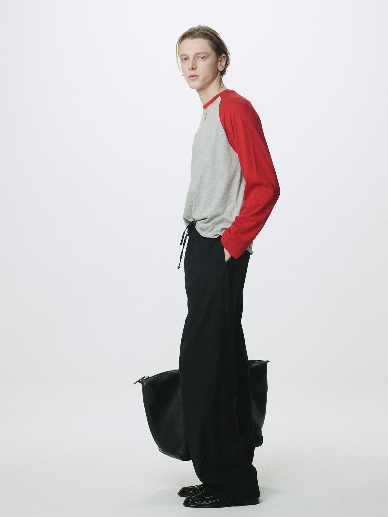 WASHED COTTON BASEBALL LONG SLEEVE_ MELANGE GREY/RED