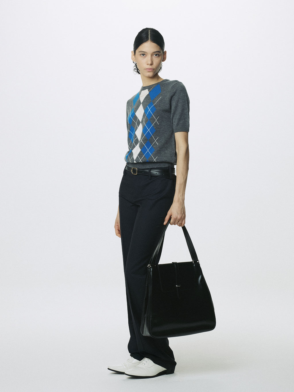 (W) SUPERFINE WOOL ARGYLE CREW NECK SWEATER_ GREY COBALT