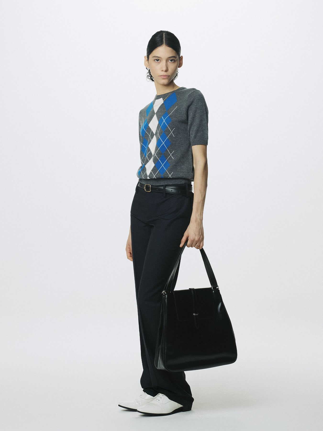 (W) SUPERFINE WOOL ARGYLE CREW NECK SWEATER_ GREY COBALT