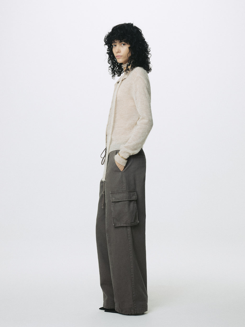 (W) COTTON DRAWSTRING CARGO TROUSERS_ PALE BROWN