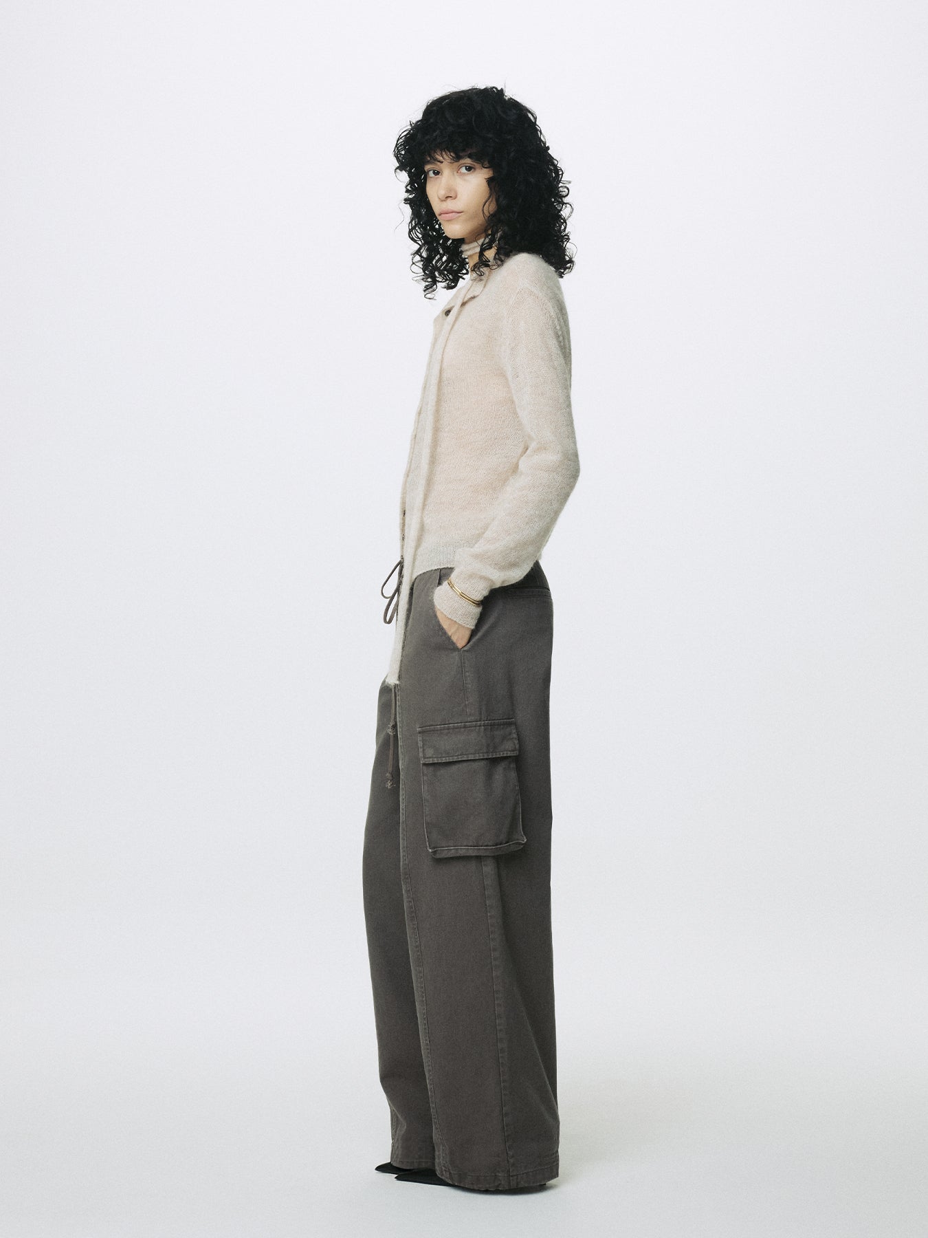 (W) COTTON DRAWSTRING CARGO TROUSERS_ PALE BROWN