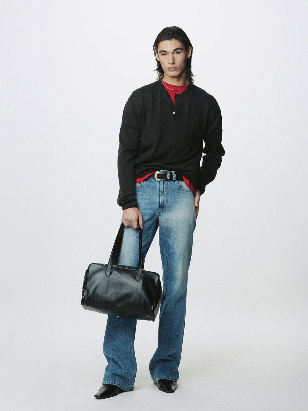 EXTRA FINE WOOL RAW HEM HENLEY NECK KNIT_ ANTHRACITE