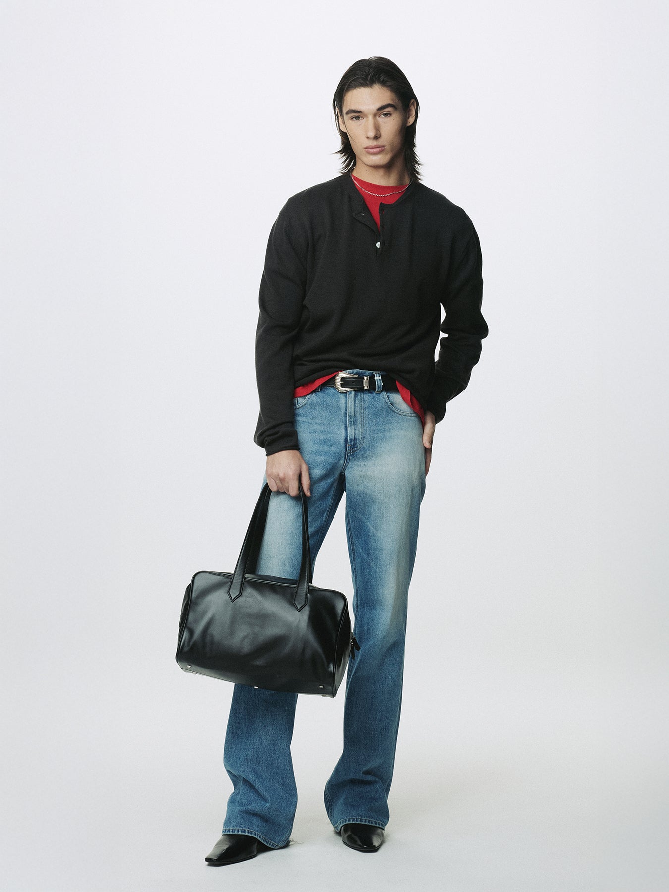 EXTRA FINE WOOL RAW HEM HENLEY NECK KNIT_ ANTHRACITE