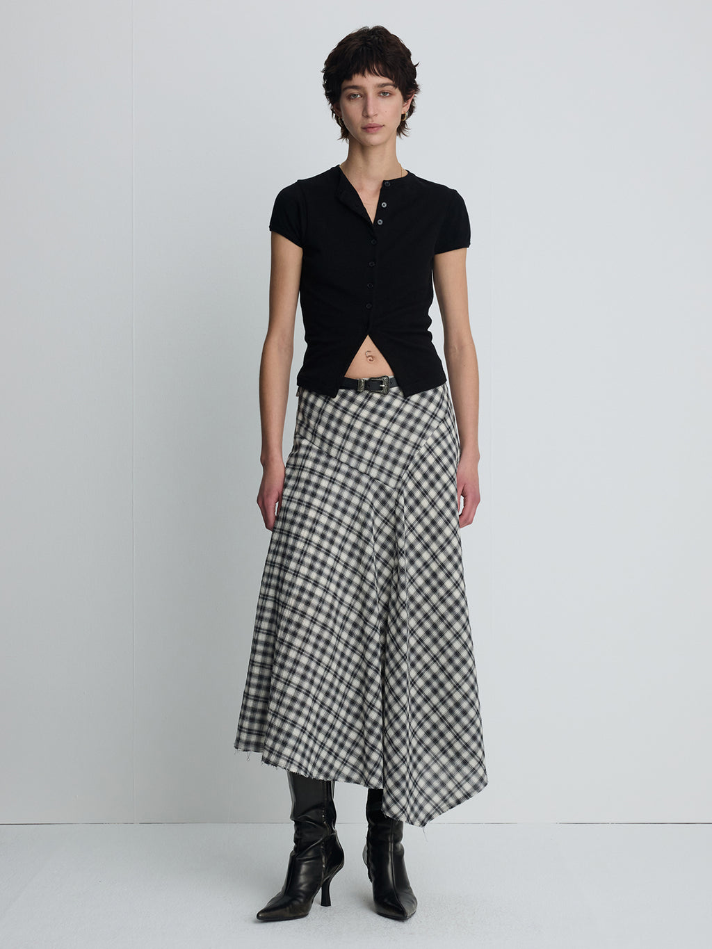 (W) COTTON CHECK PATCHWORK SKIRT_ BLACK CHECK