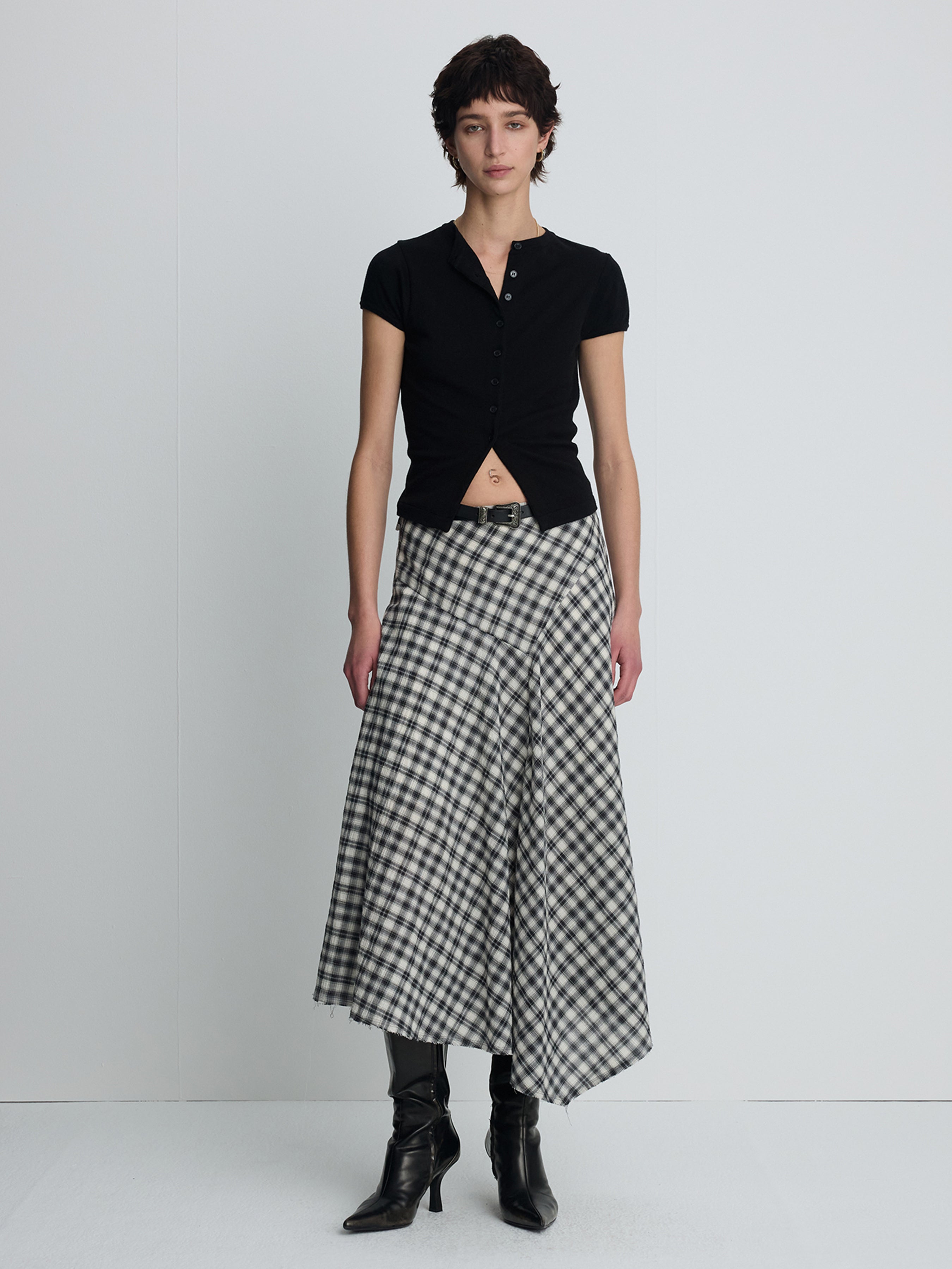 (W) COTTON CHECK PATCHWORK SKIRT_ BLACK CHECK