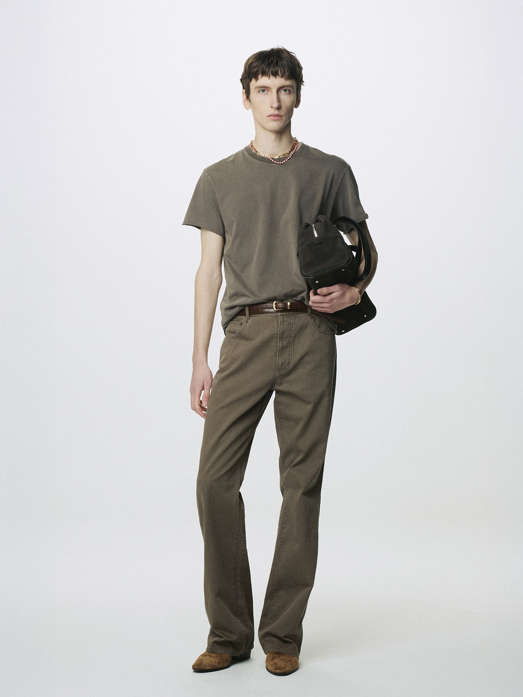 LEATHER TRIM SUEDE SQUARE VALISE BAG_ DARK PECAN