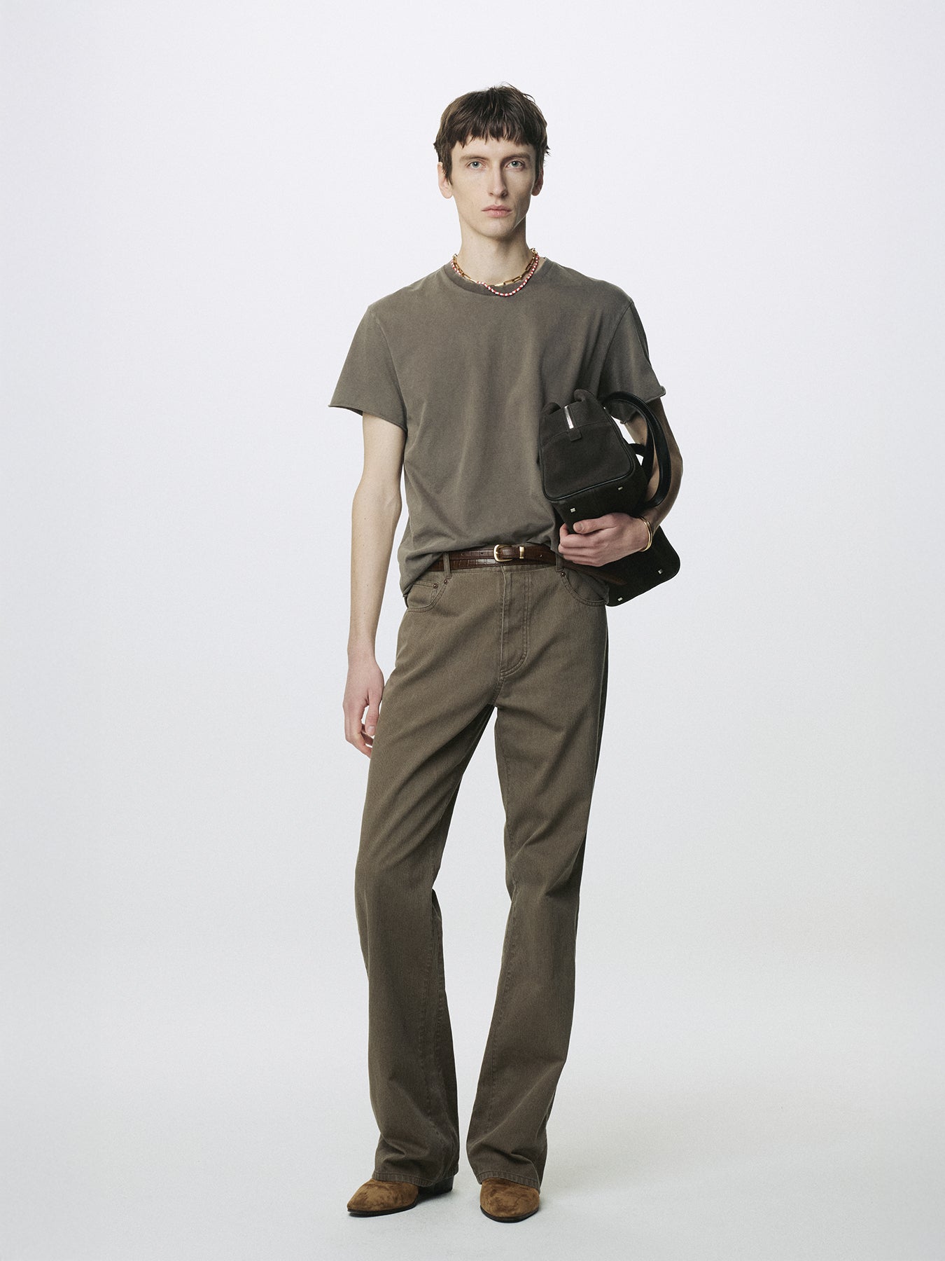 LEATHER TRIM SUEDE SQUARE VALISE BAG_ DARK PECAN