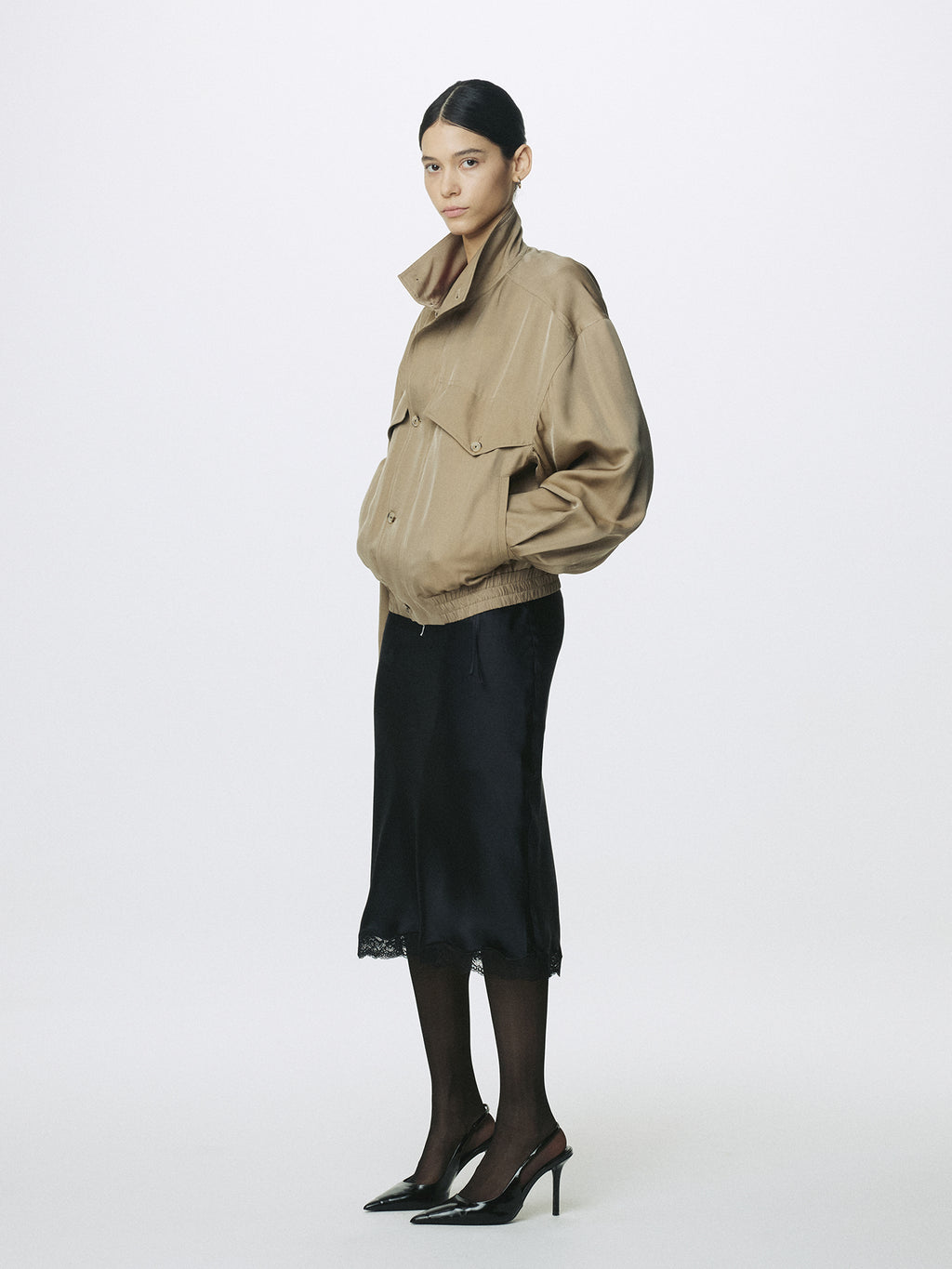 (W) SILK MIDI SKIRT_ BLACK