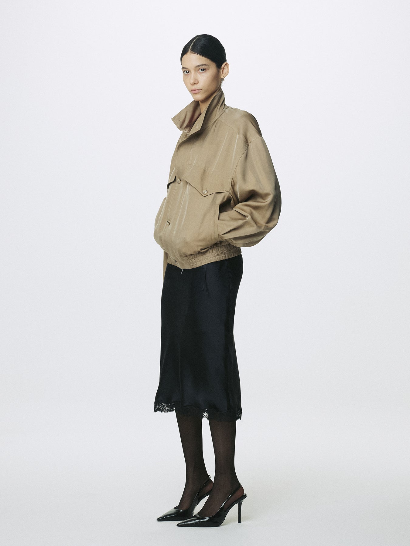 (W) SILK MIDI SKIRT_ BLACK