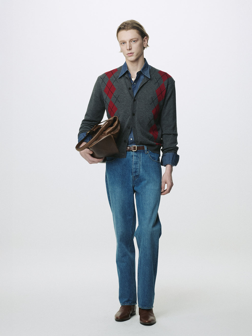 MERINO WOOL ARGYLE CARDIGAN_ GREY/RED