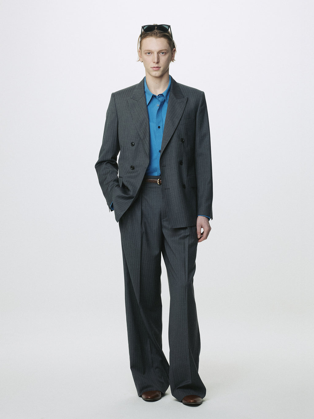 STRIPED WOOL DOUBLE-BREASTED TAILORED JACKET_ GREY STRIPE