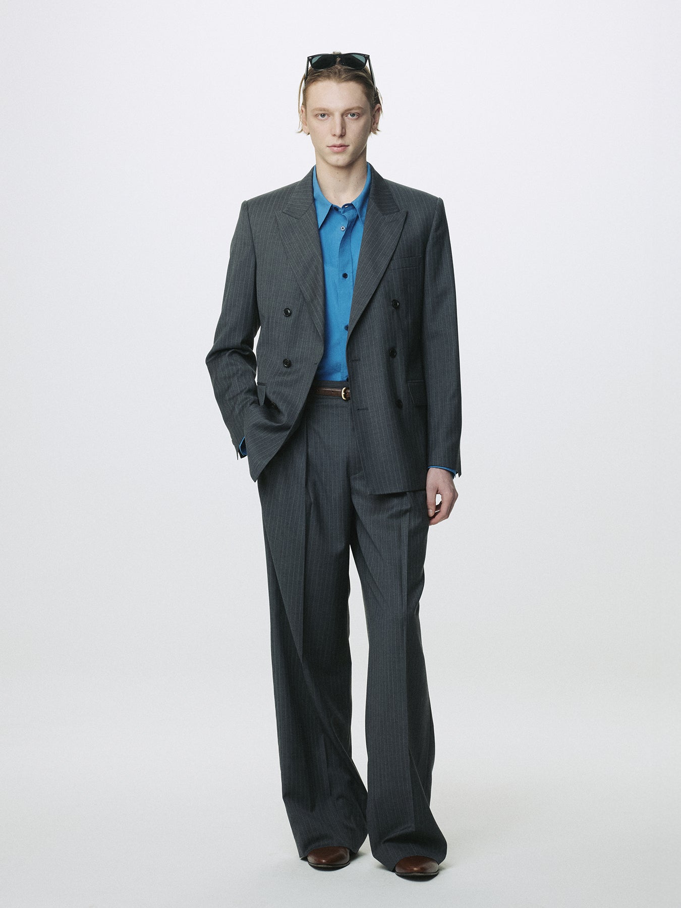 STRIPED WOOL DOUBLE-BREASTED TAILORED JACKET_ GREY STRIPE