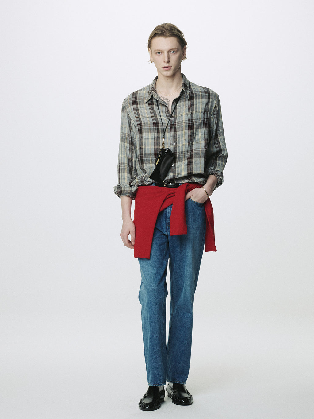 WASHED COTTON BLEND CHECK SHIRT_ GREY/BROWN