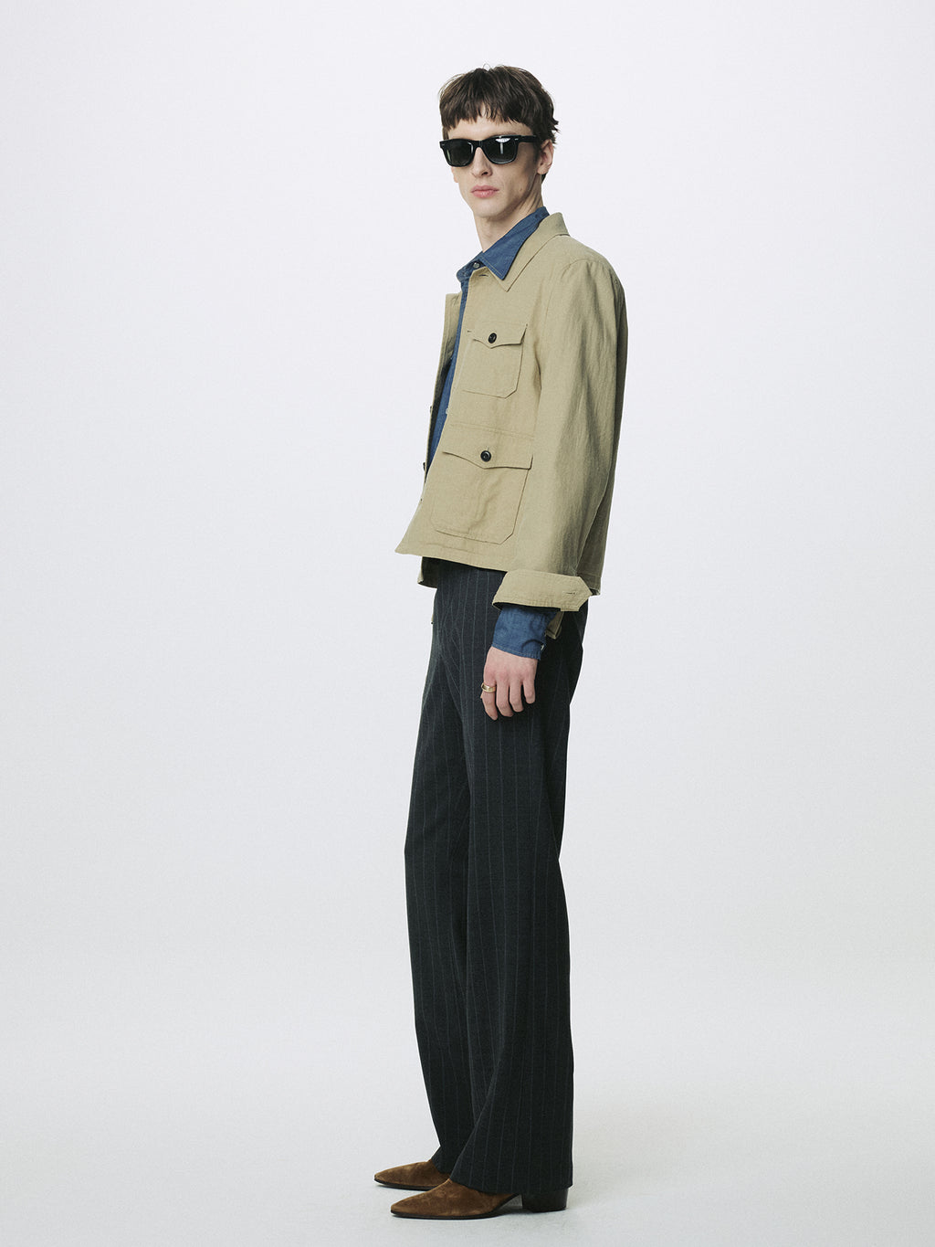 STRIPED WOOL FLARED-LEG PANTS_ GREY