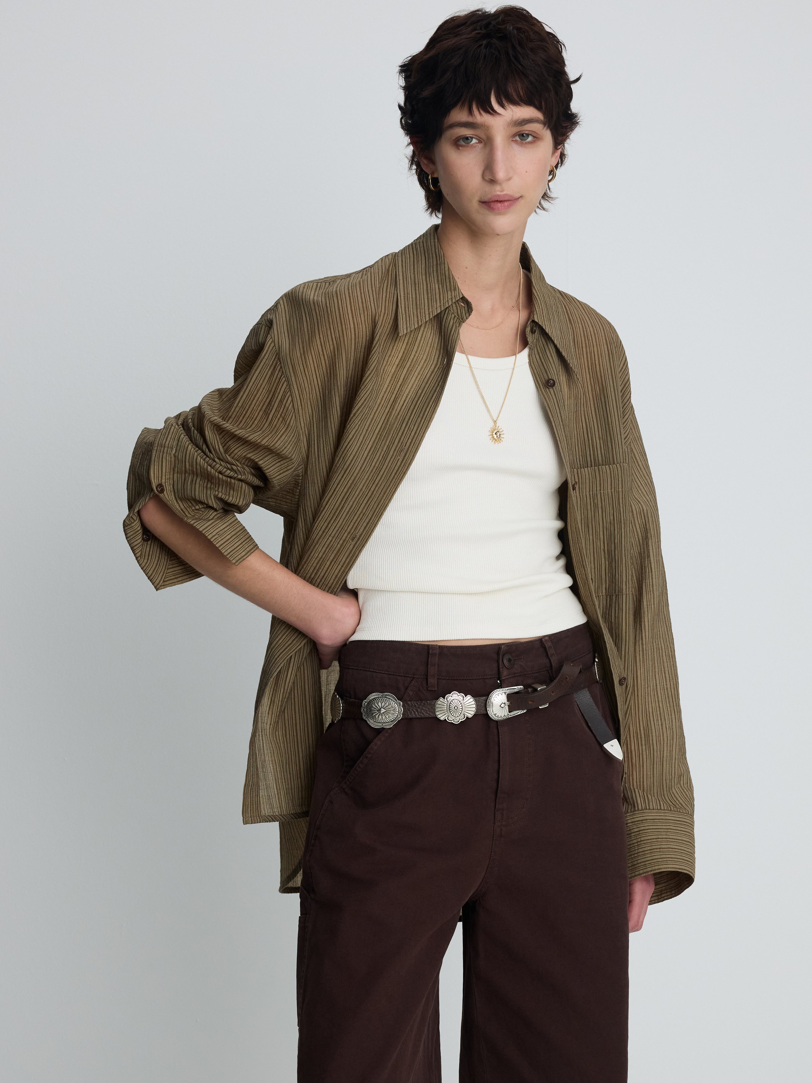 (W) LYOCELL OVERSIZED STRIPE SHIRT_ OLIVE STRIPE