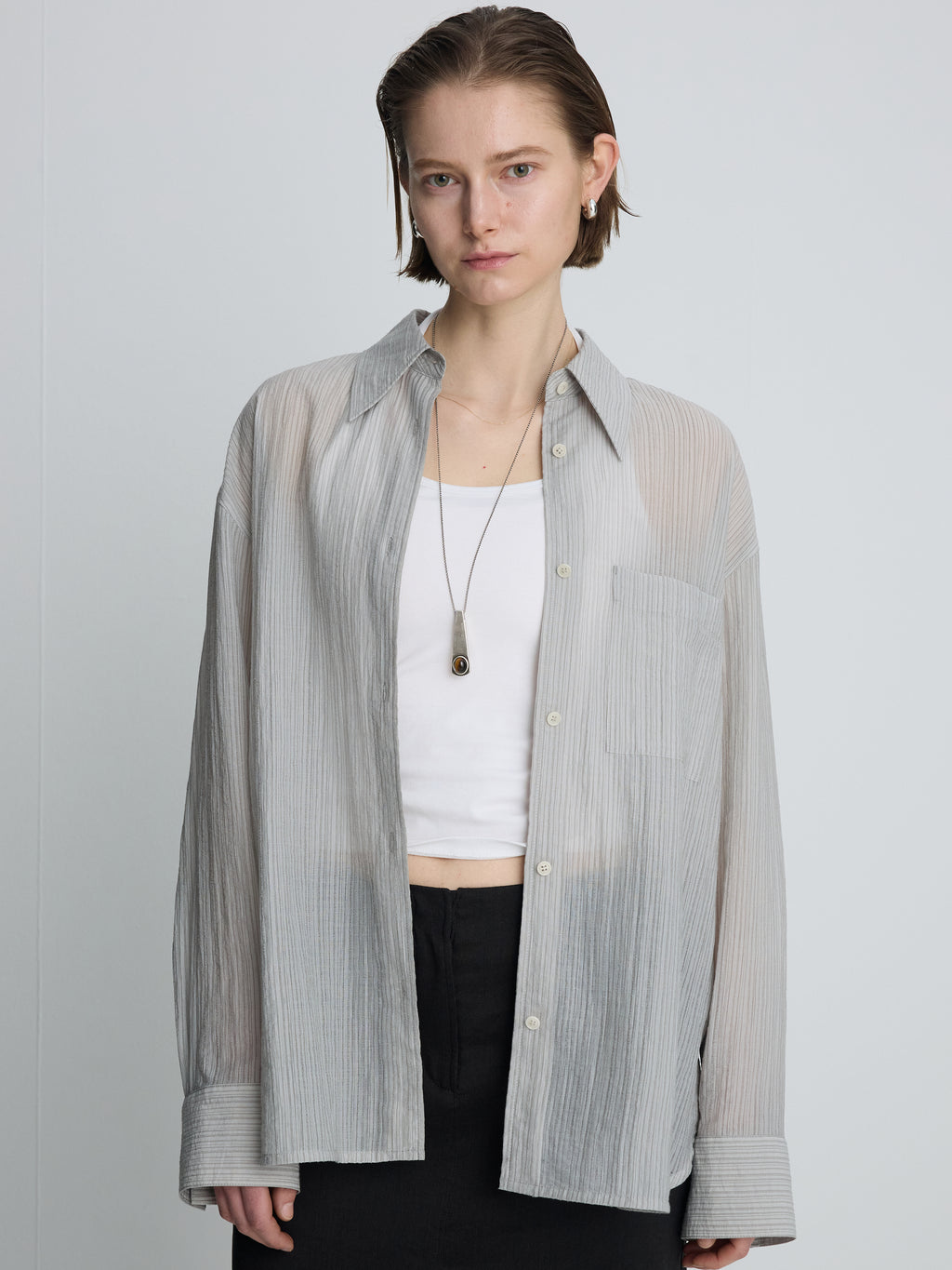 (W) LYOCELL OVERSIZED STRIPE SHIRT_ GREY