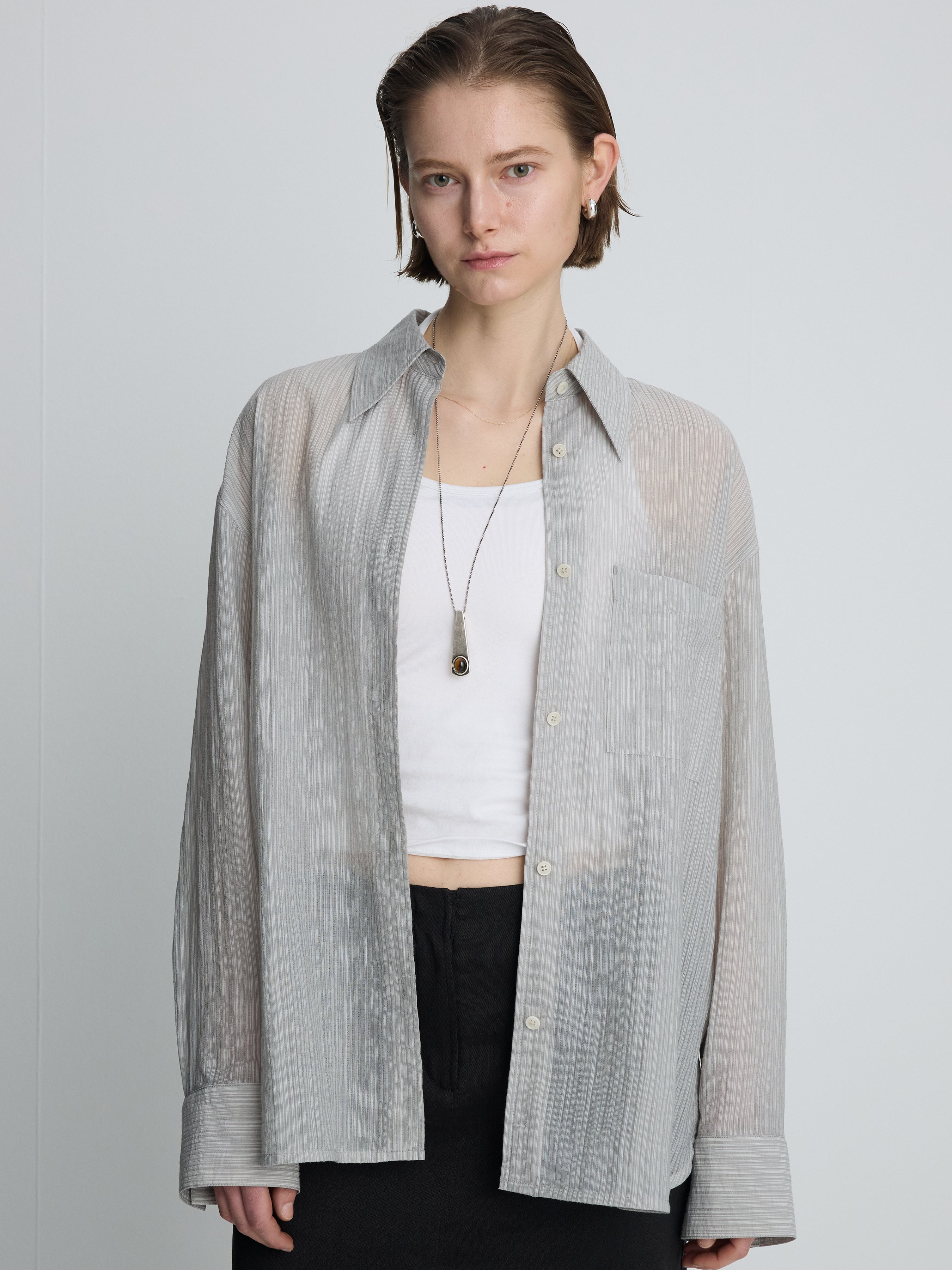 (W) LYOCELL OVERSIZED STRIPE SHIRT_ GREY