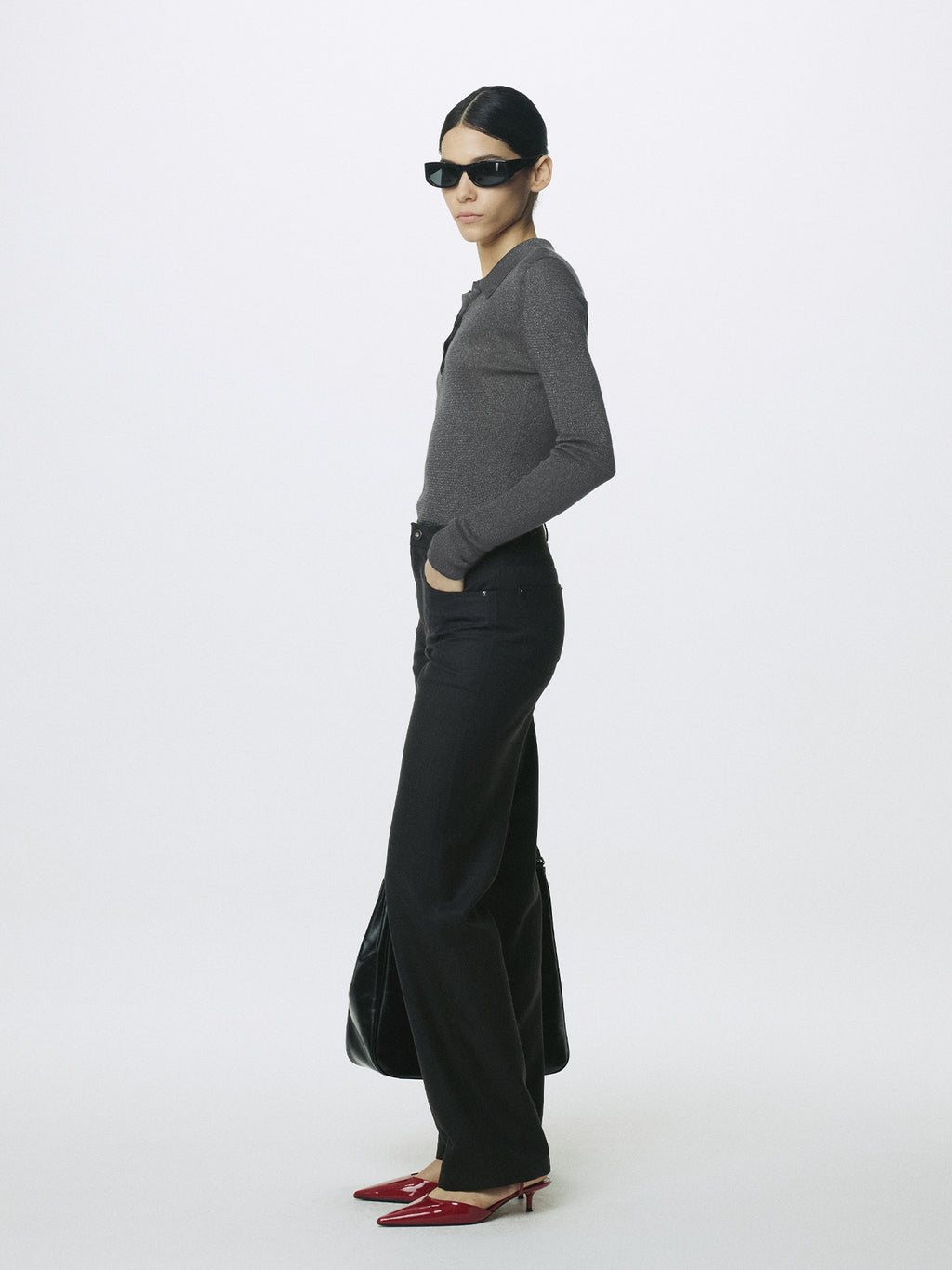 (W) GLITTER RIBBED KNIT POLO SHIRT_ CHARCOAL