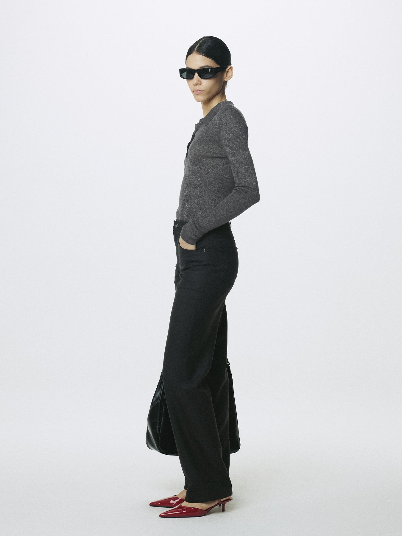 (W) GLITTER RIBBED KNIT POLO SHIRT_ CHARCOAL